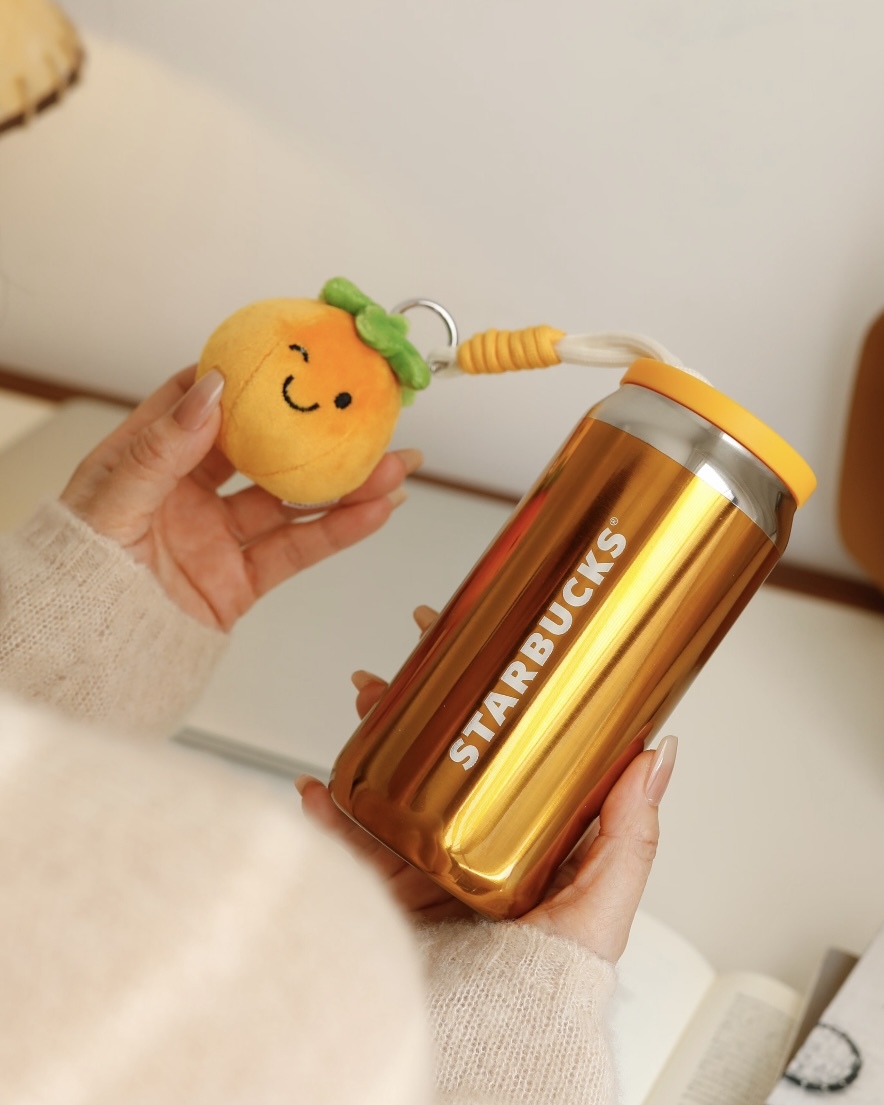 Starbucks 星巴克 馬上快樂系列 易開罐造型 金色 可樂杯 375ml 附柿子吊飾