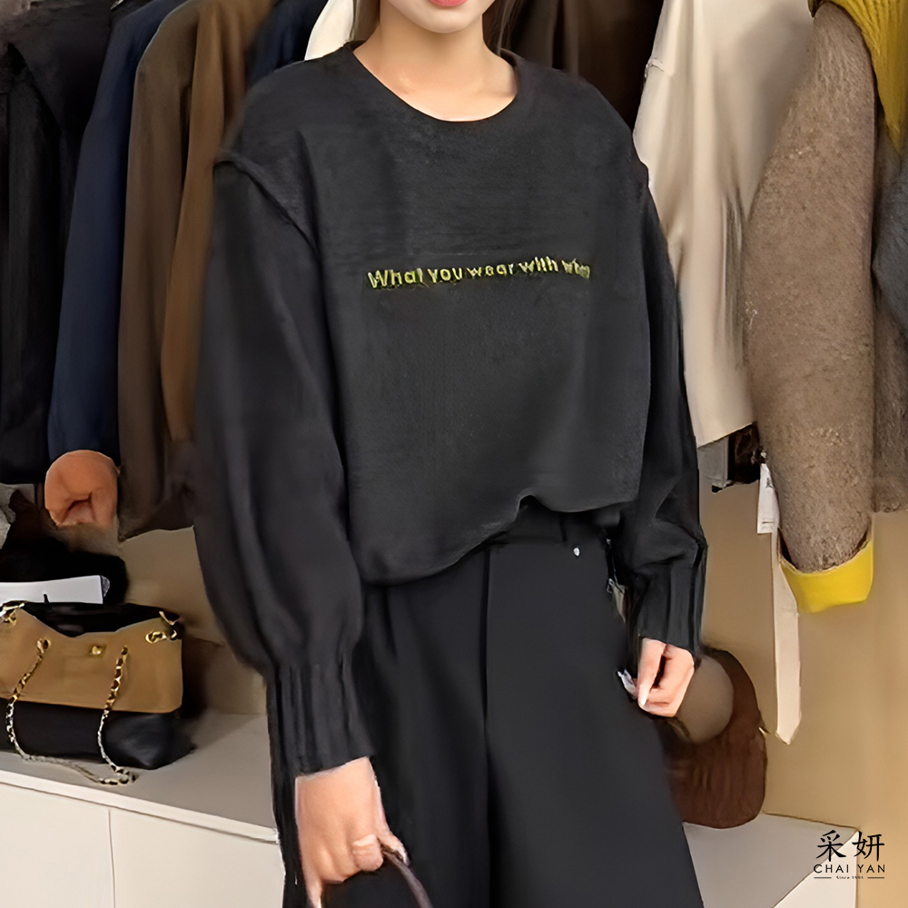 字母印花毛織刷毛長袖上衣