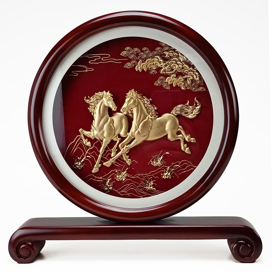 立體金箔畫古風屏風雙馬奔騰｜高雅藝術擺飾｜企業開業升遷吉祥送禮推薦