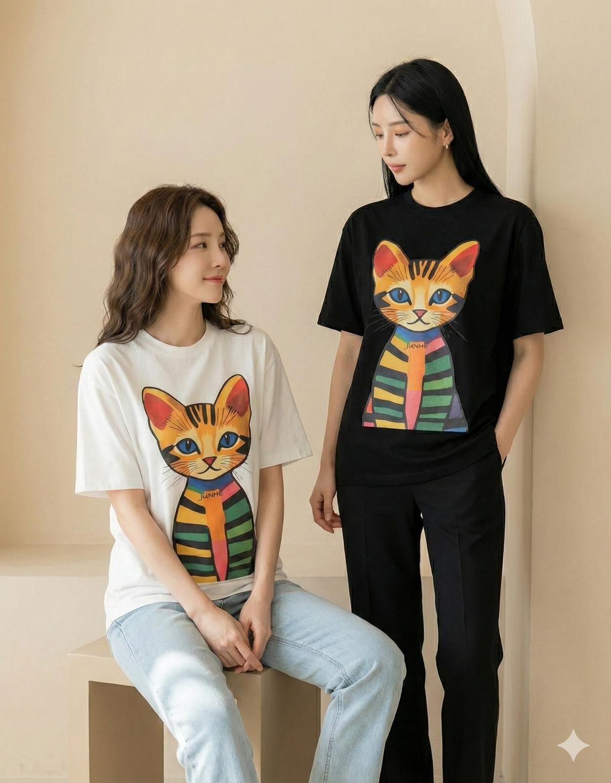 【直播】JUNHE LL011319 間條法老小貓短袖上衣 (送隨機頸鏈)