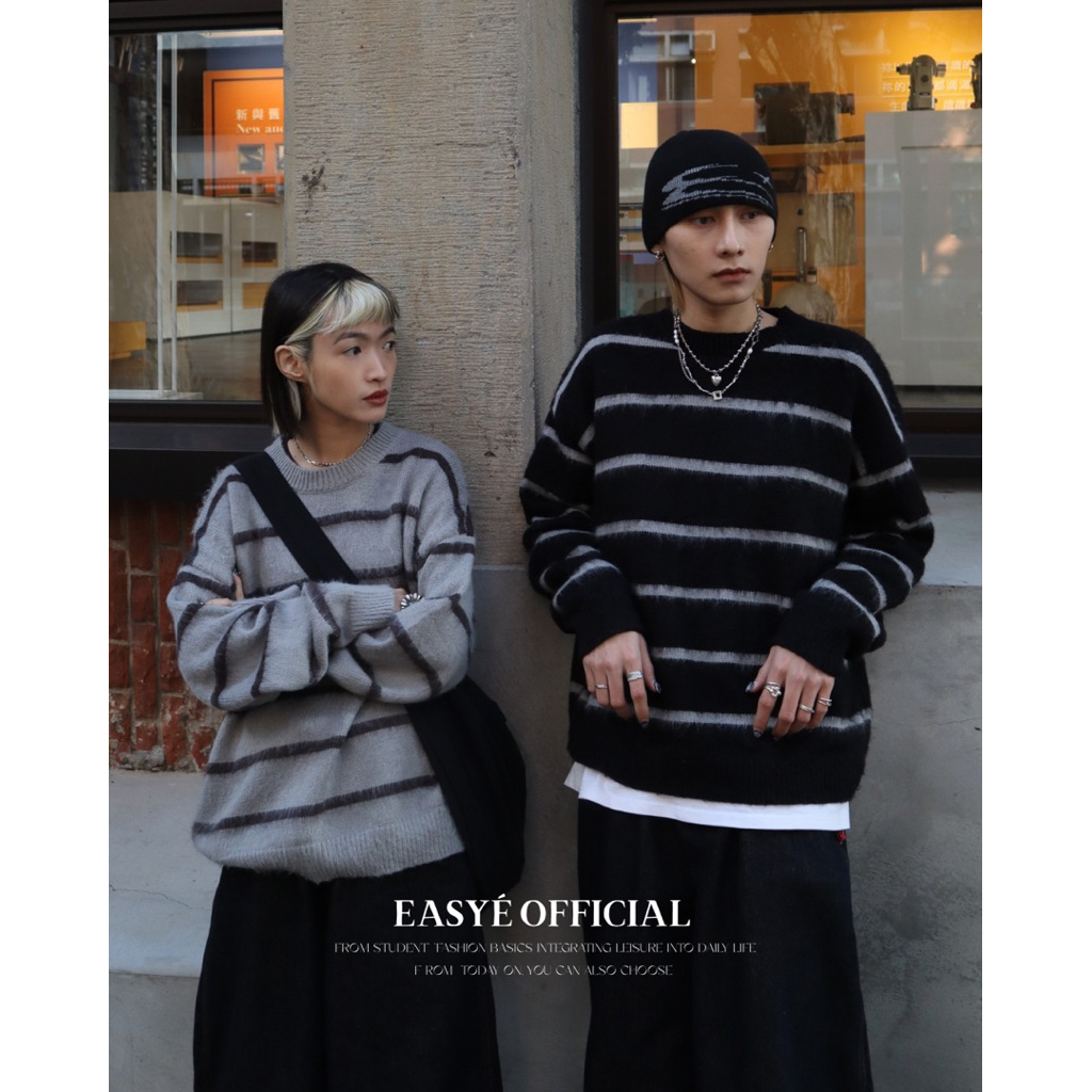 EASYÉ條紋毛鬚針織毛衣