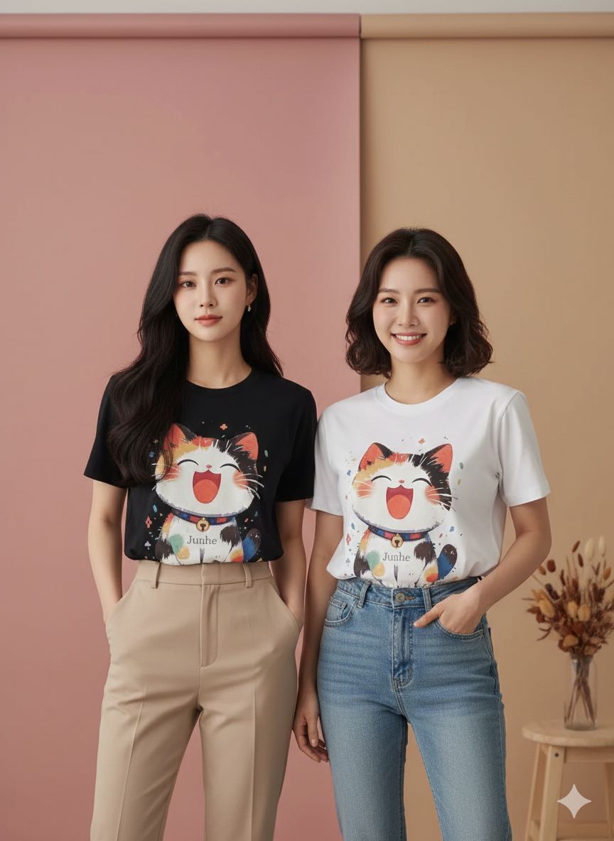 【直播】JUNHE LL011328 開心小貓短袖上衣 (送隨機頸鏈)