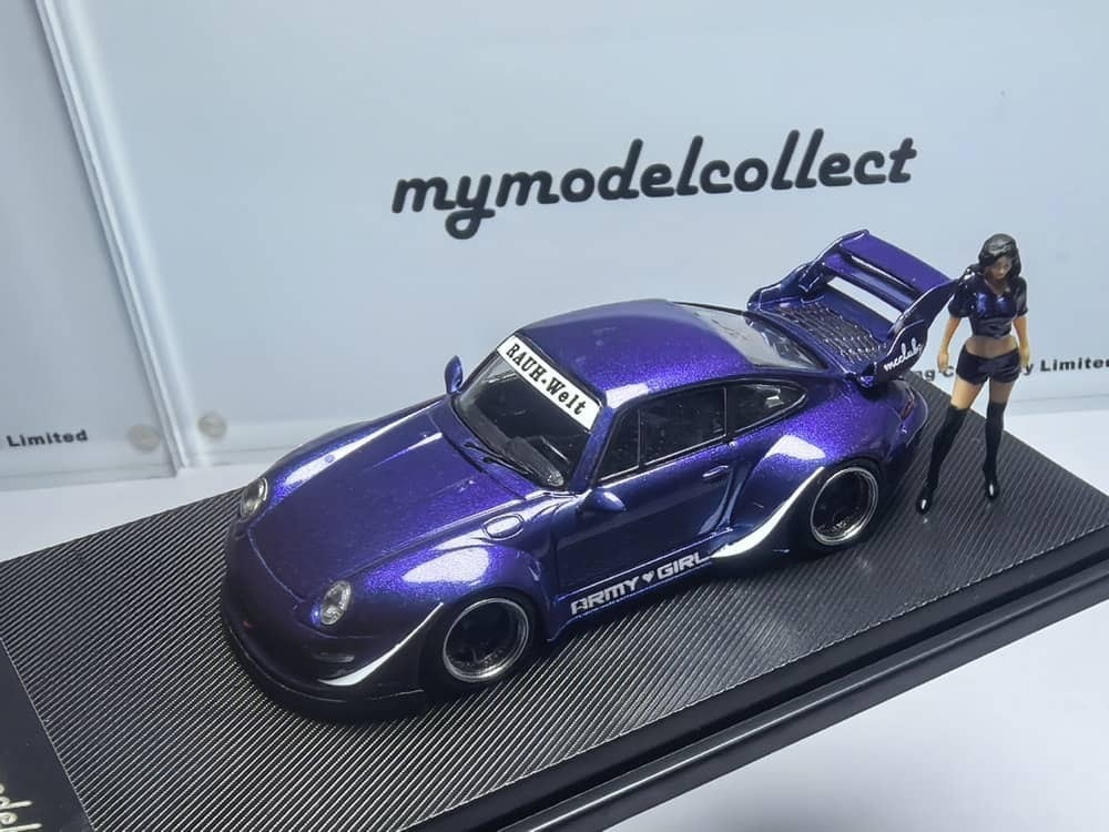 PO-$160 * MODEL COLLECT * 1:64 PORSCHE RWB993 HIGH WING PURPLE ARMY GIRL W/FIGURE