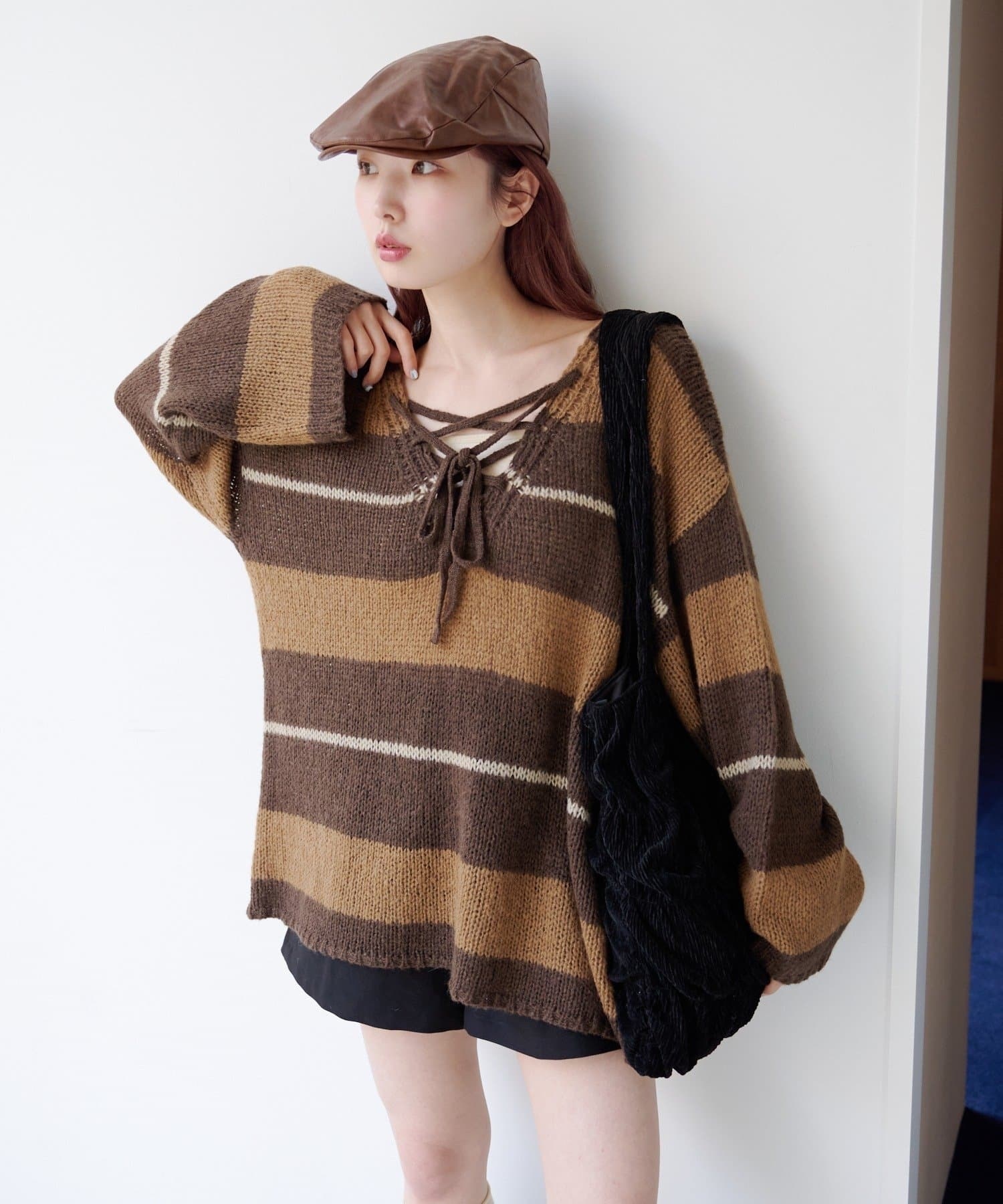 Kastane / 2-Way Front & Back] Lace-up Loose Knit