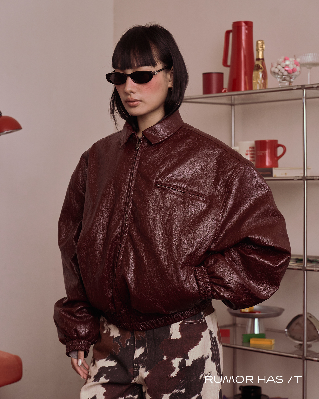 Padded Faux Leather Bomber Jacket- Wine