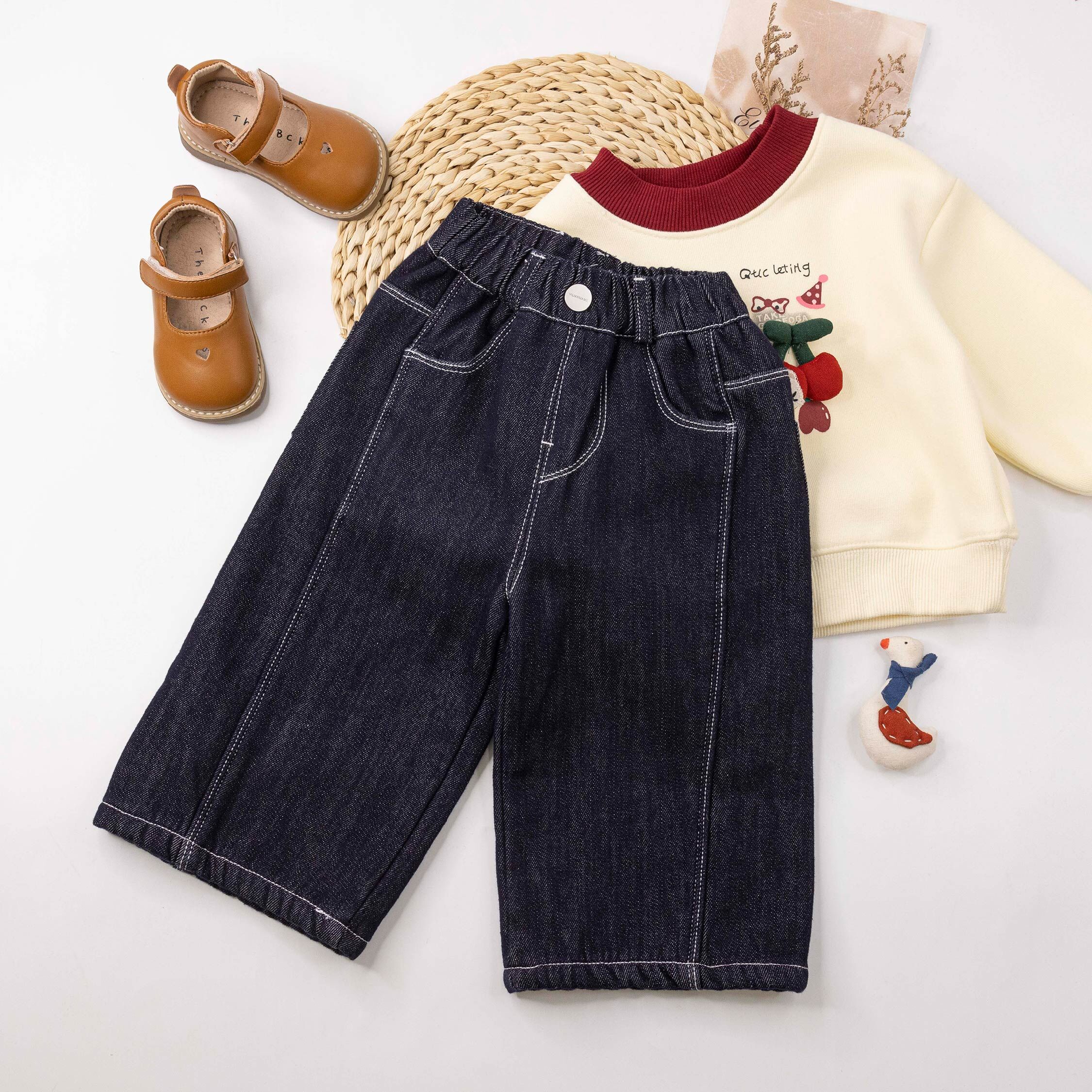 【H55892】巧克力熊熊內刷毛直筒牛仔褲