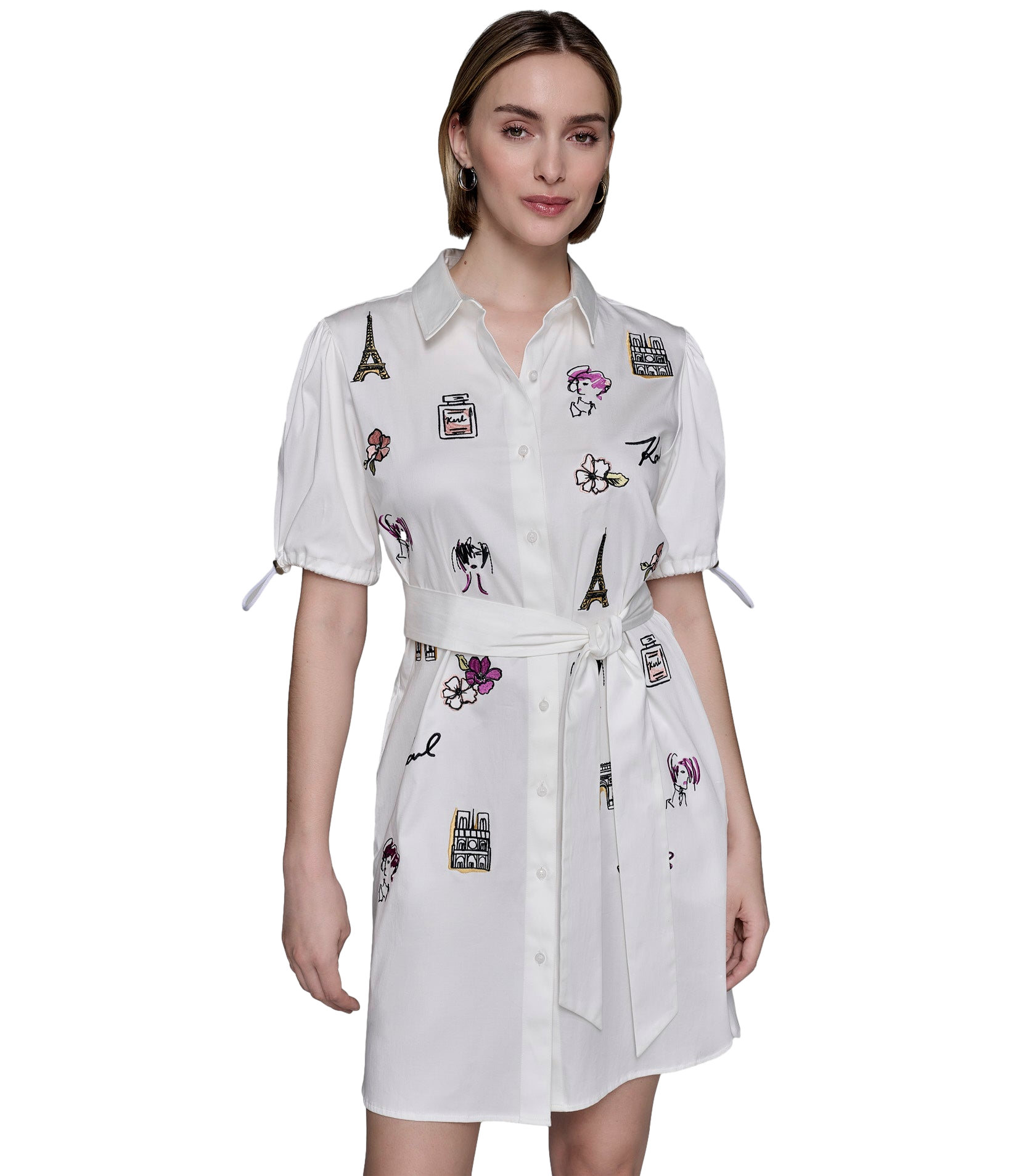 【Karl Lagerfeld Outlet】刺繡花朵襯衫式洋裝 L5DB0994  白