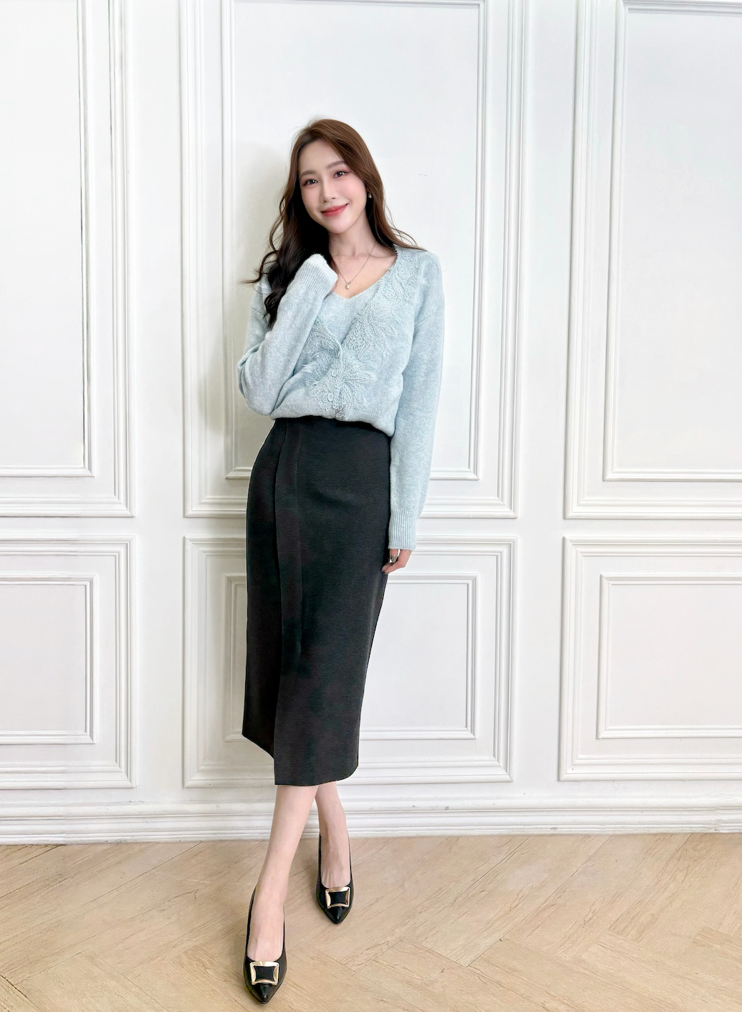 (極致顯瘦!)全彈性刷絨斜襬窄裙