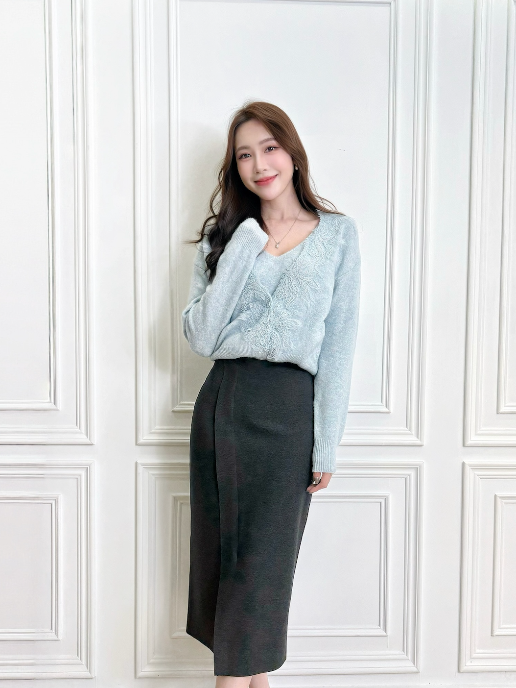 (極致顯瘦!)全彈性刷絨斜襬窄裙