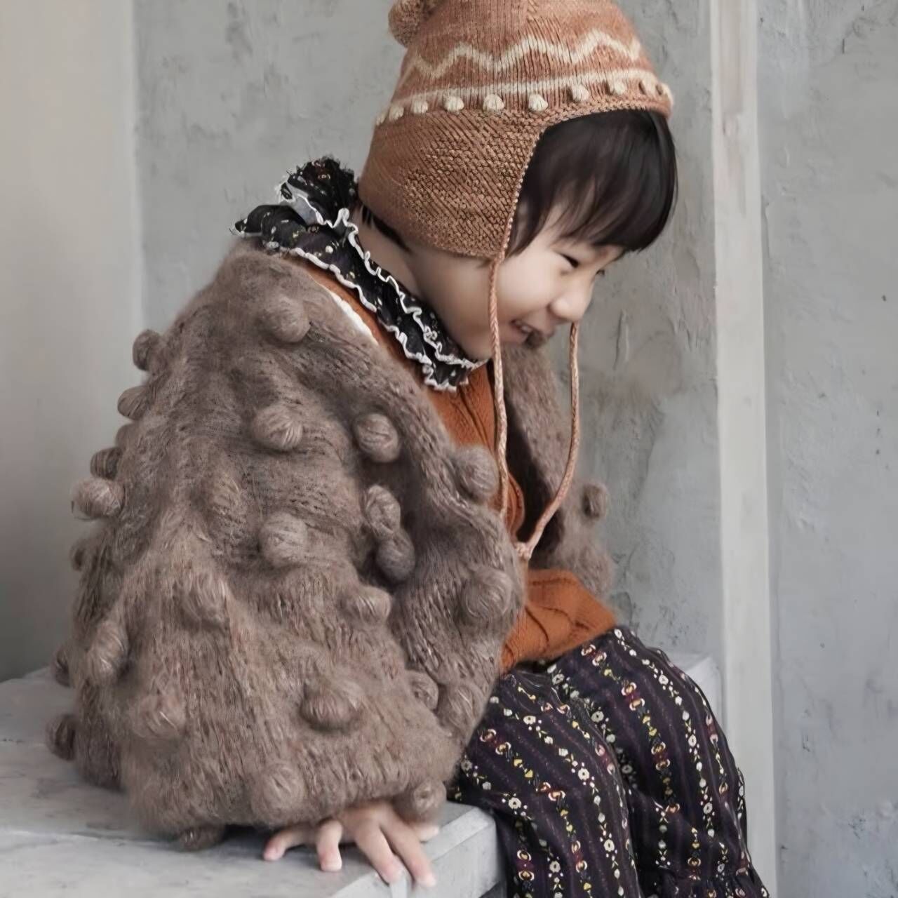 pixie hat 柔軟球球排釦針織外套 Bubble Cardigan KIDS - bez 深杏