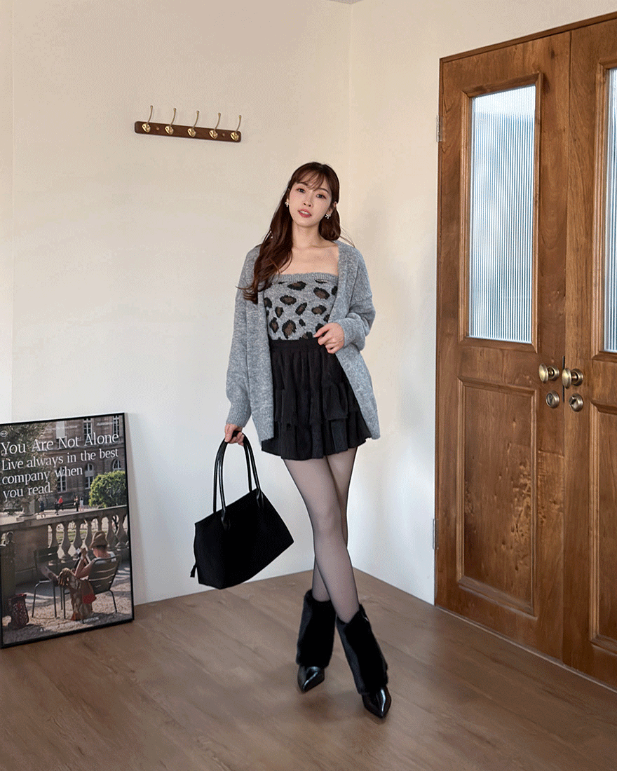 LINA LINA微醺性格毛料外套豹紋背心兩件組-質感花灰