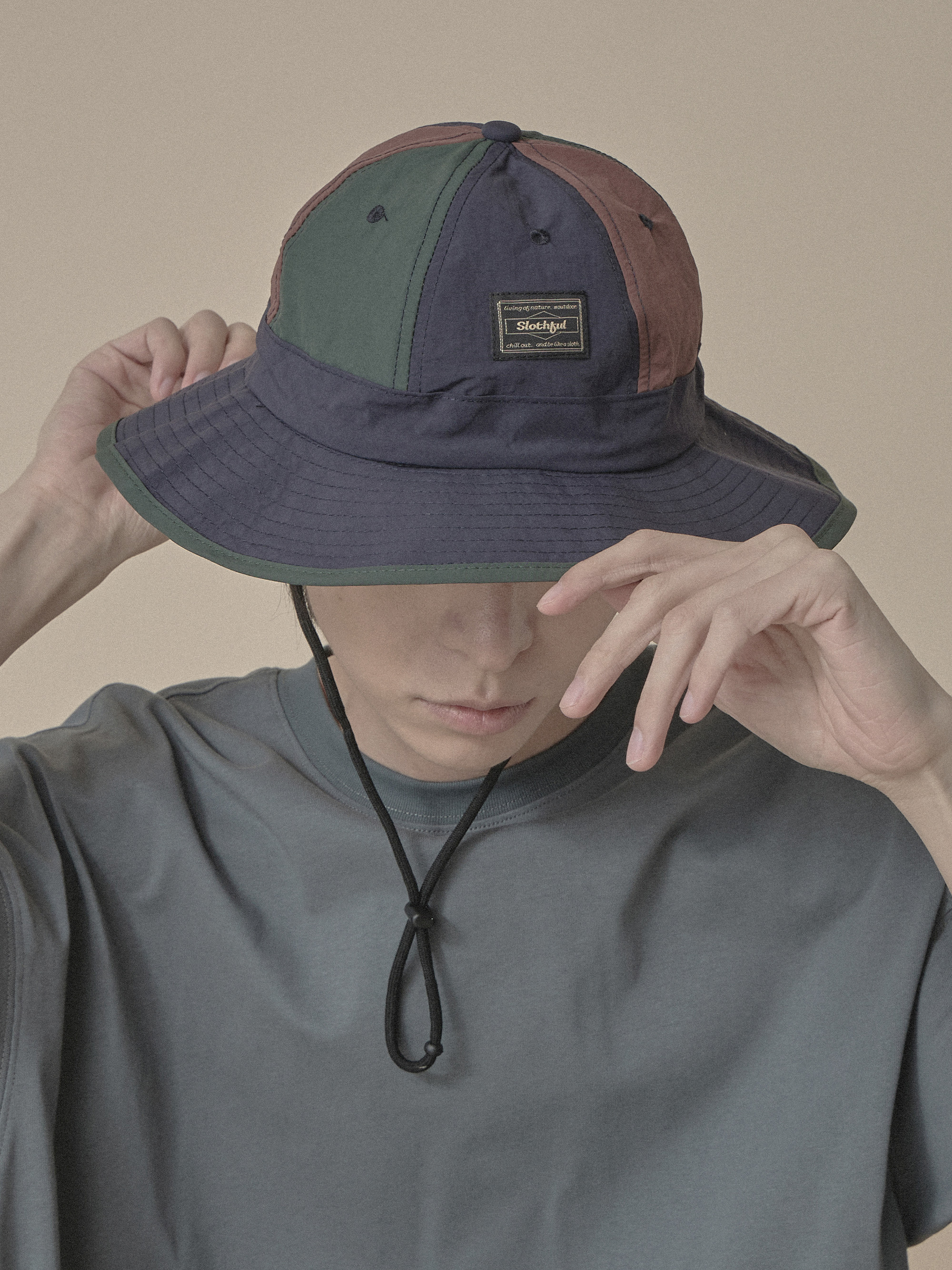 拚接抽繩漁夫帽