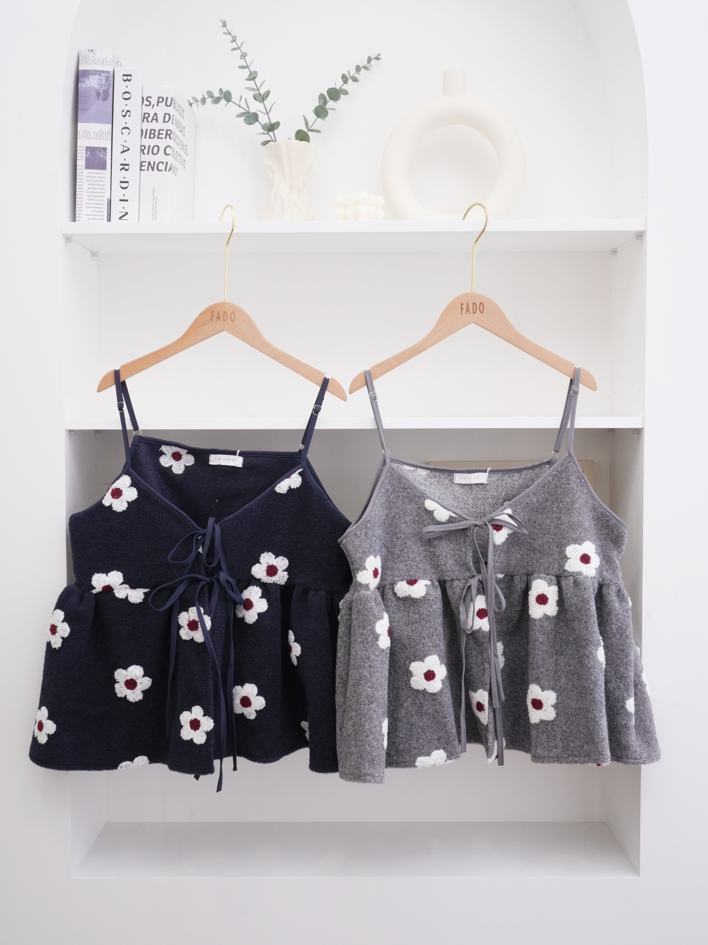 法朵Fado shop｜花花❀.ೃ࿔雙綁結毛呢料吊帶背心 1904007 藍/灰