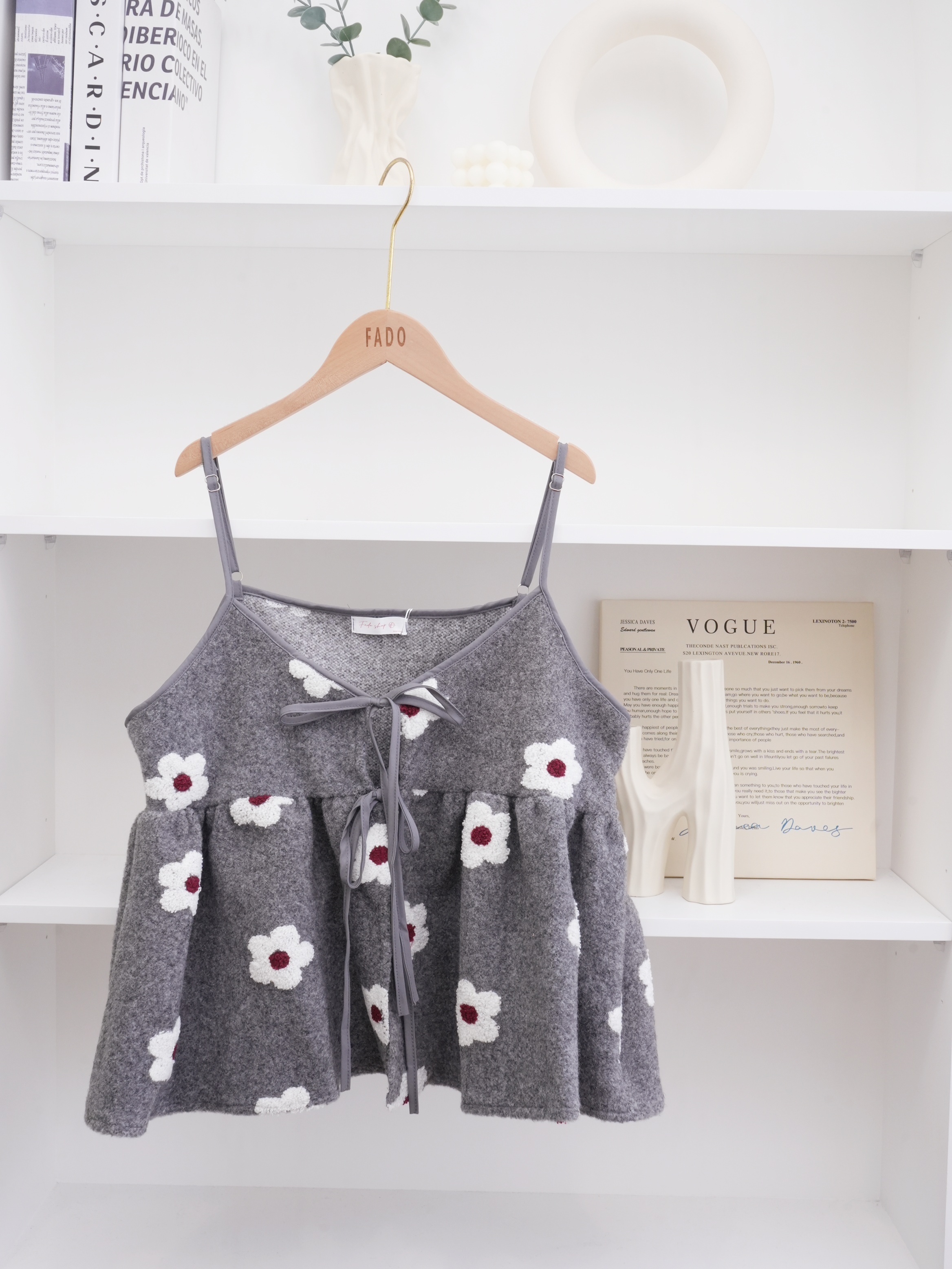 法朵Fado shop｜花花❀.ೃ࿔雙綁結毛呢料吊帶背心 1904007 藍/灰