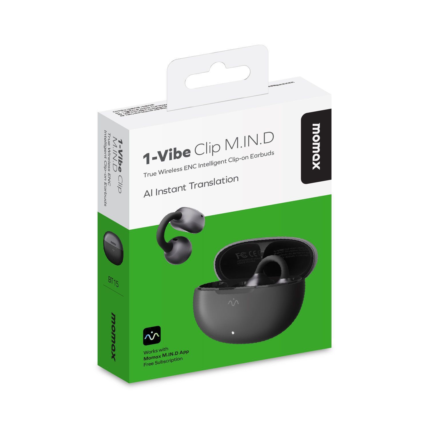 Momax 1-VIBE CLIP M.IN.D ᴀ.ɪ. 翻譯無線降噪夾耳式耳機 BT15D/L/M