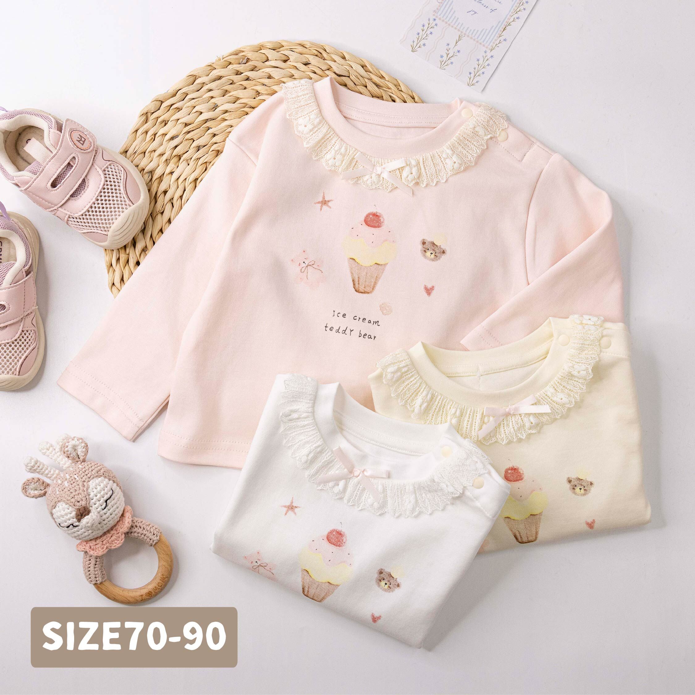 【H55937】小熊甜點緹花領拼接上衣/內搭衣＊三色