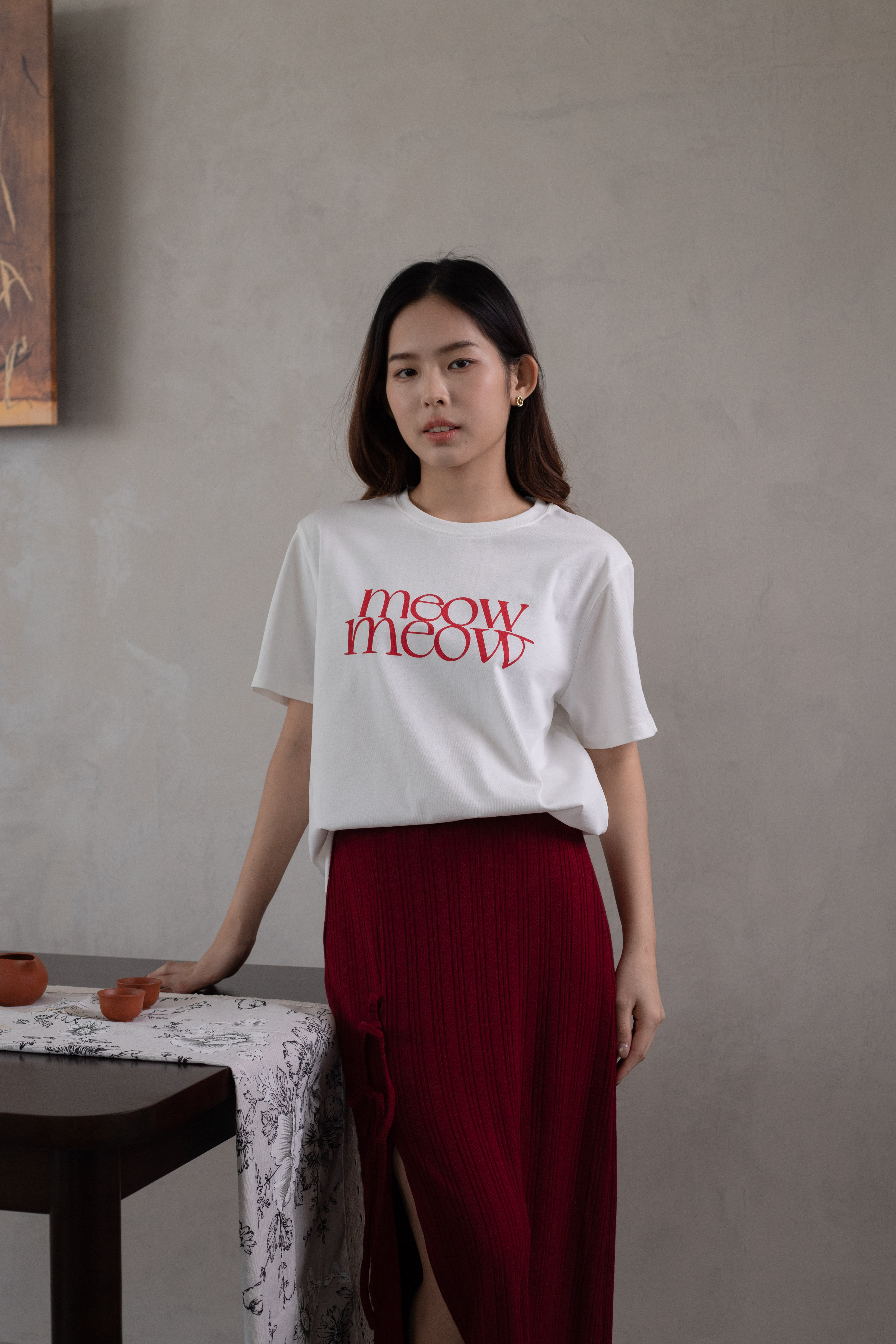 Meow Meow Relaxed Tee White-2636TSWHI