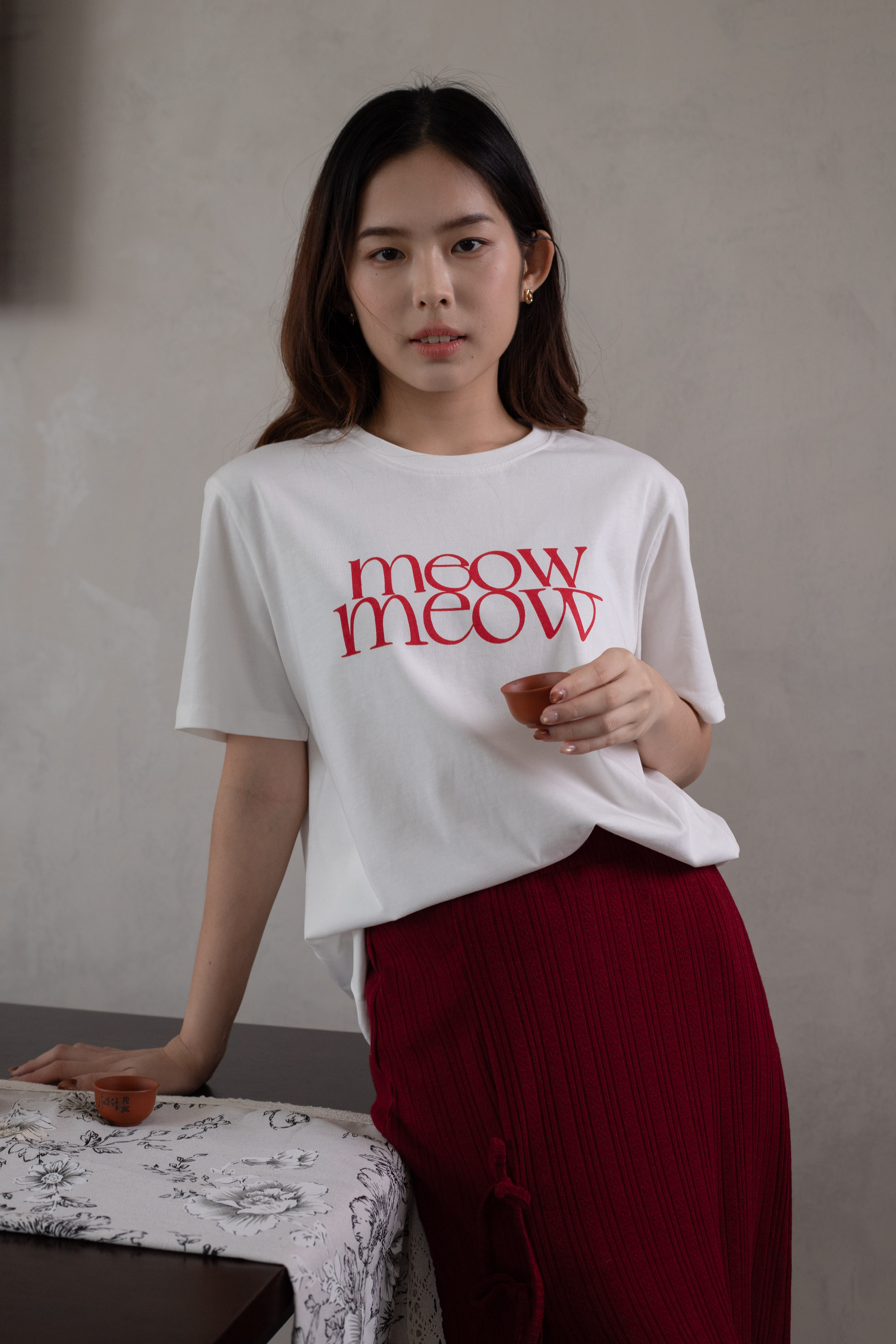 Meow Meow Relaxed Tee White-2636TSWHI