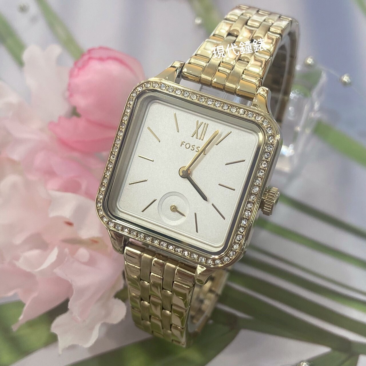 【FOSSIL】FOSSIL金色晶鑽方形女錶BQ3979 28mm 現代鐘錶