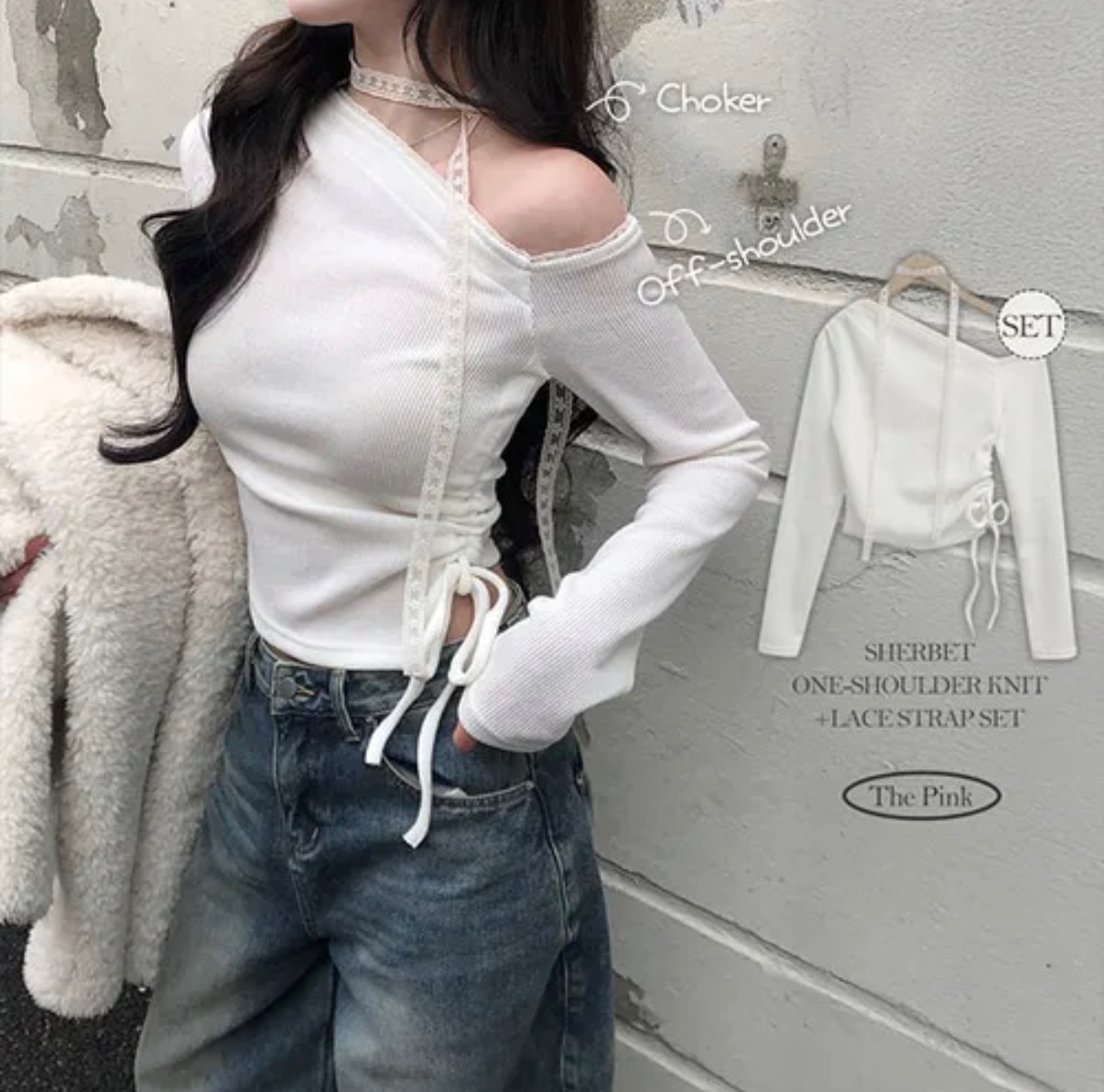 【優惠價預訂】韓國蕾絲領帶露肩抽繩上衣（3色）