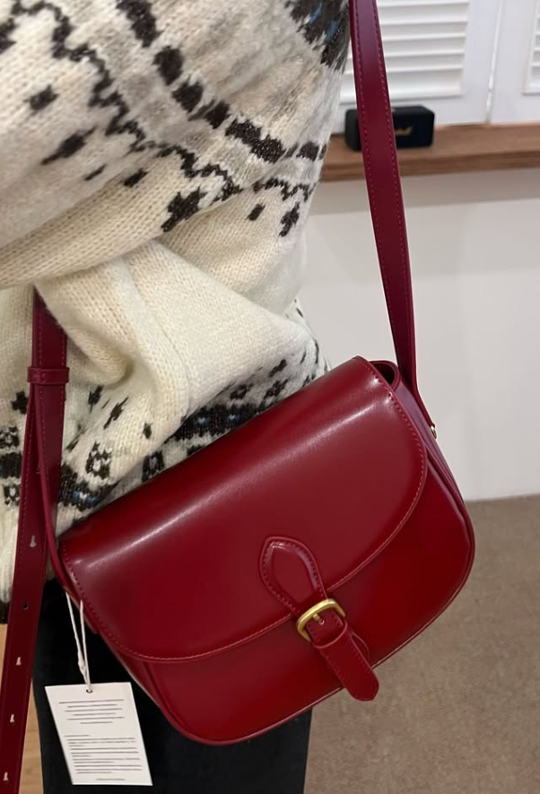 BYC01BA080RD  韓國法式美人紅韓系牛皮名媛馬鞍包