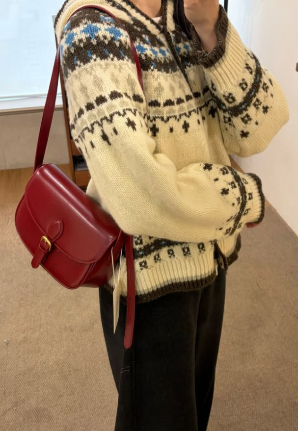 BYC01BA080RD  韓國法式美人紅韓系牛皮名媛馬鞍包