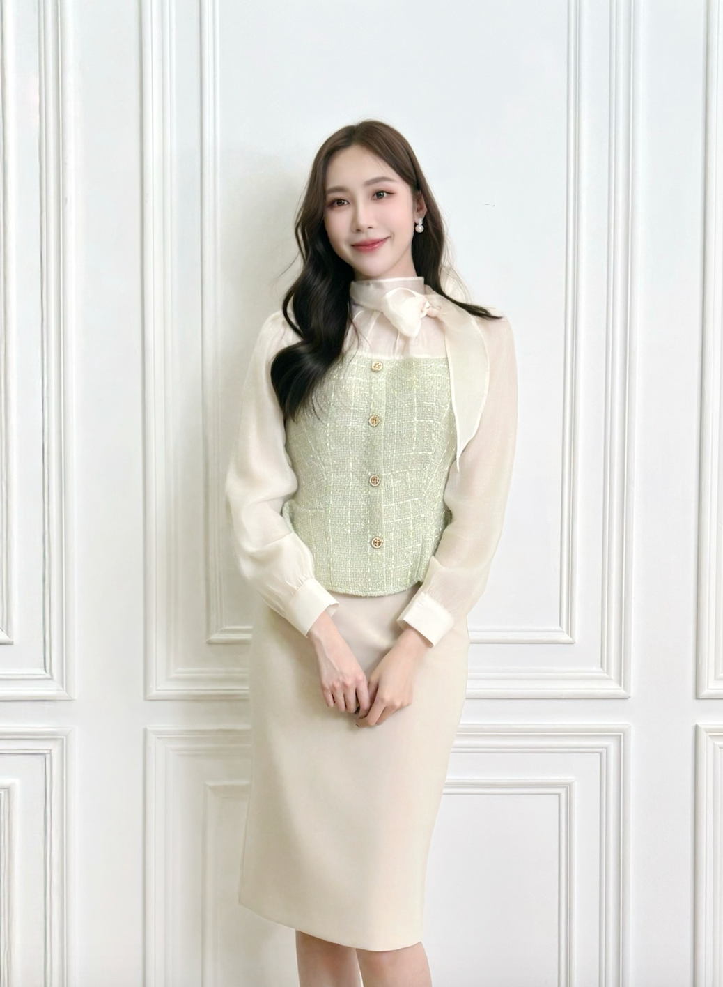 (華麗千金)綁帶金釦織紋腰身上衣