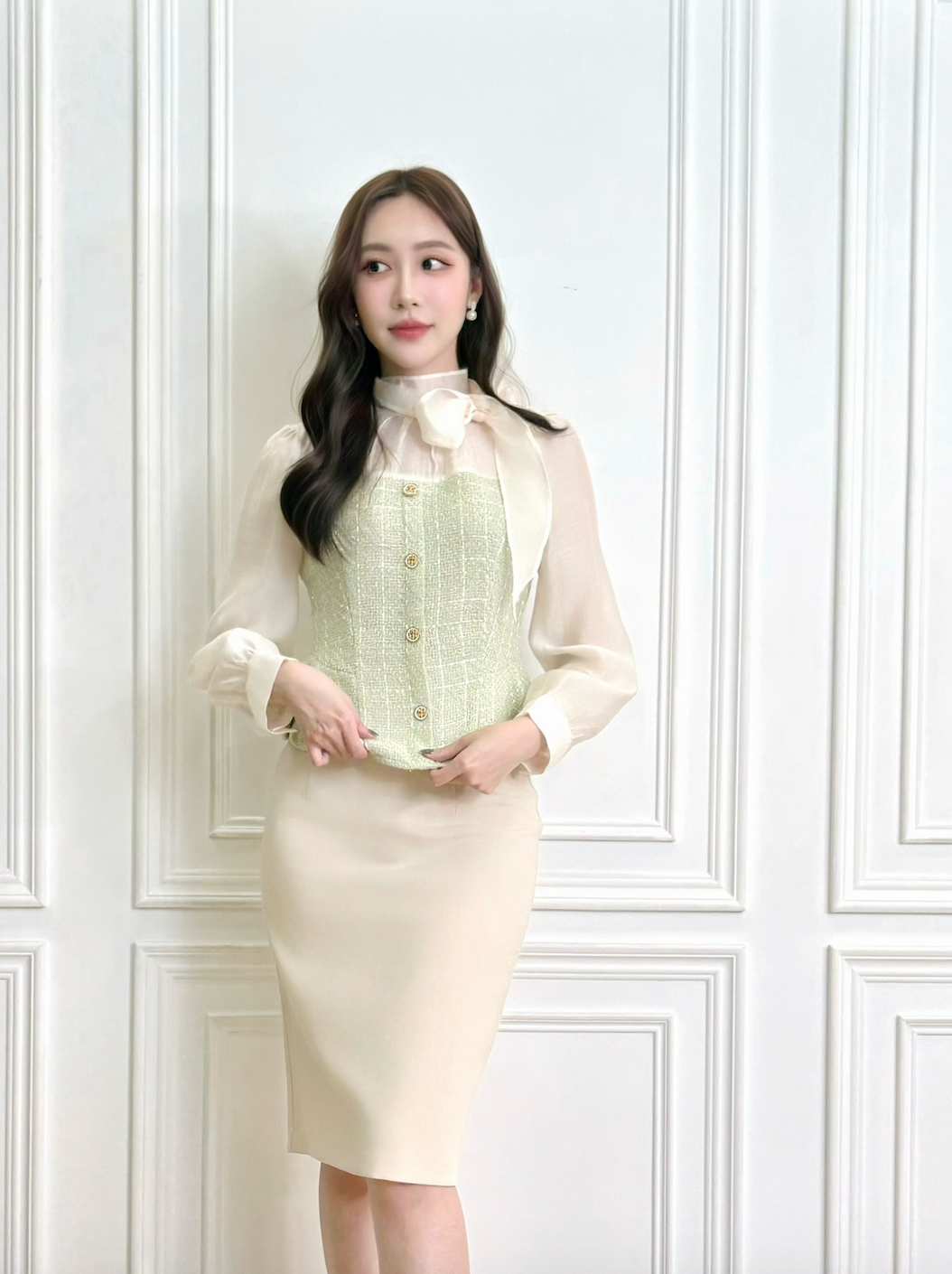 (華麗千金)綁帶金釦織紋腰身上衣