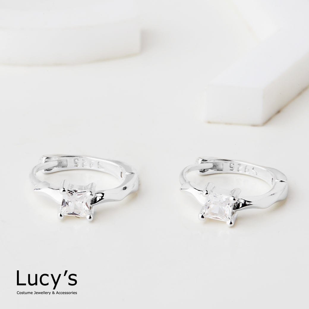 925純銀 方框鑽 易扣耳環 (122403)