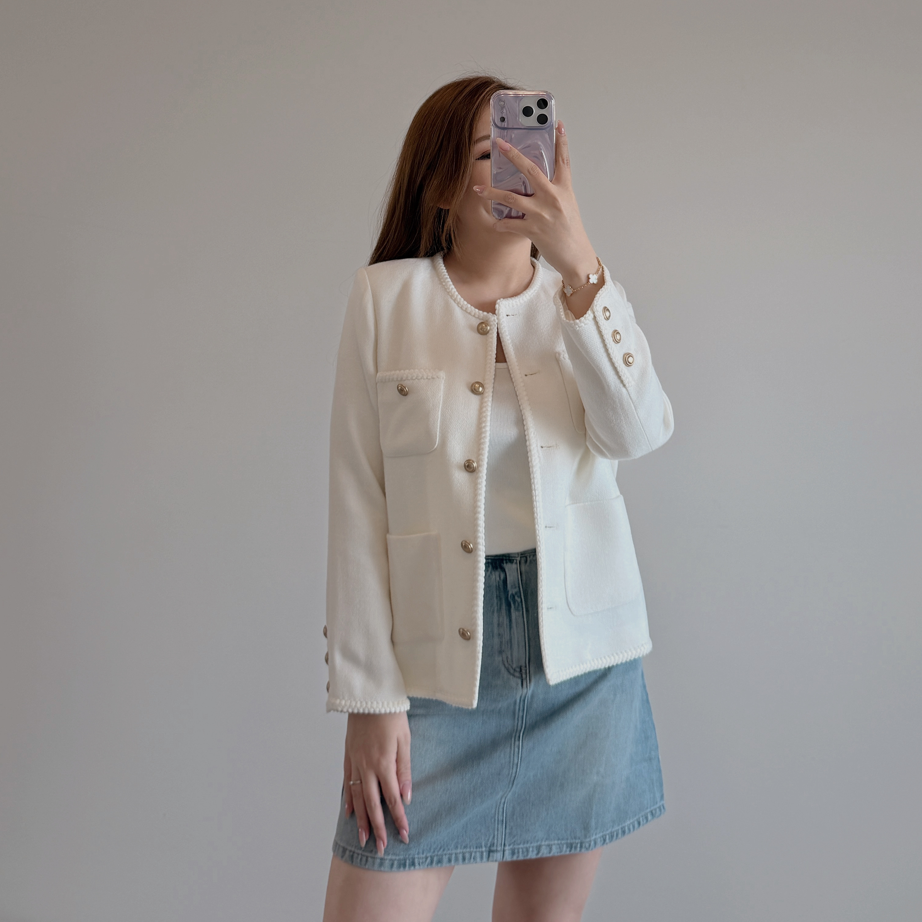 現貨 7373 奶白中長小香風外套