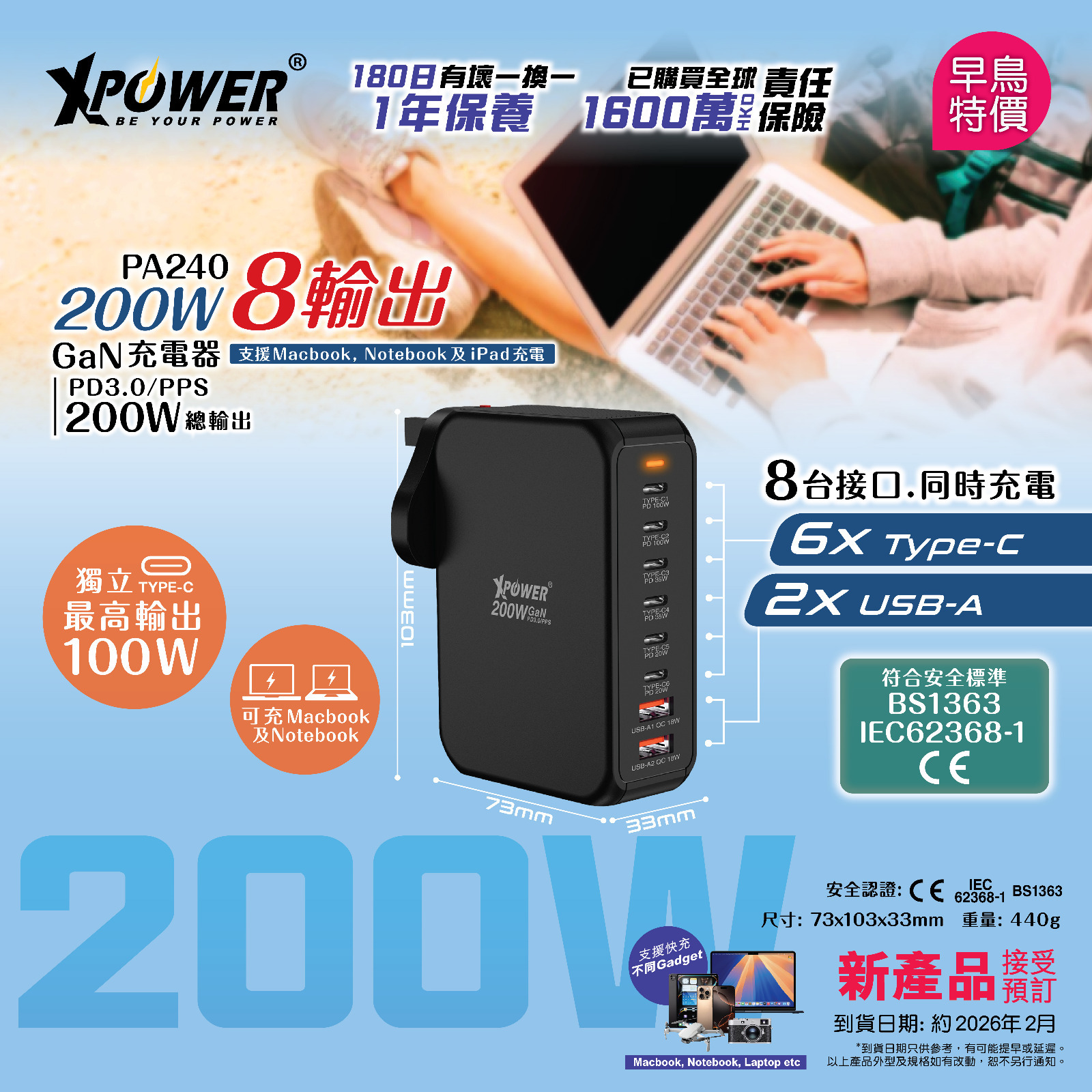 XPower PA240 200W 8輸出 200W PD3.0 GaN 充電器