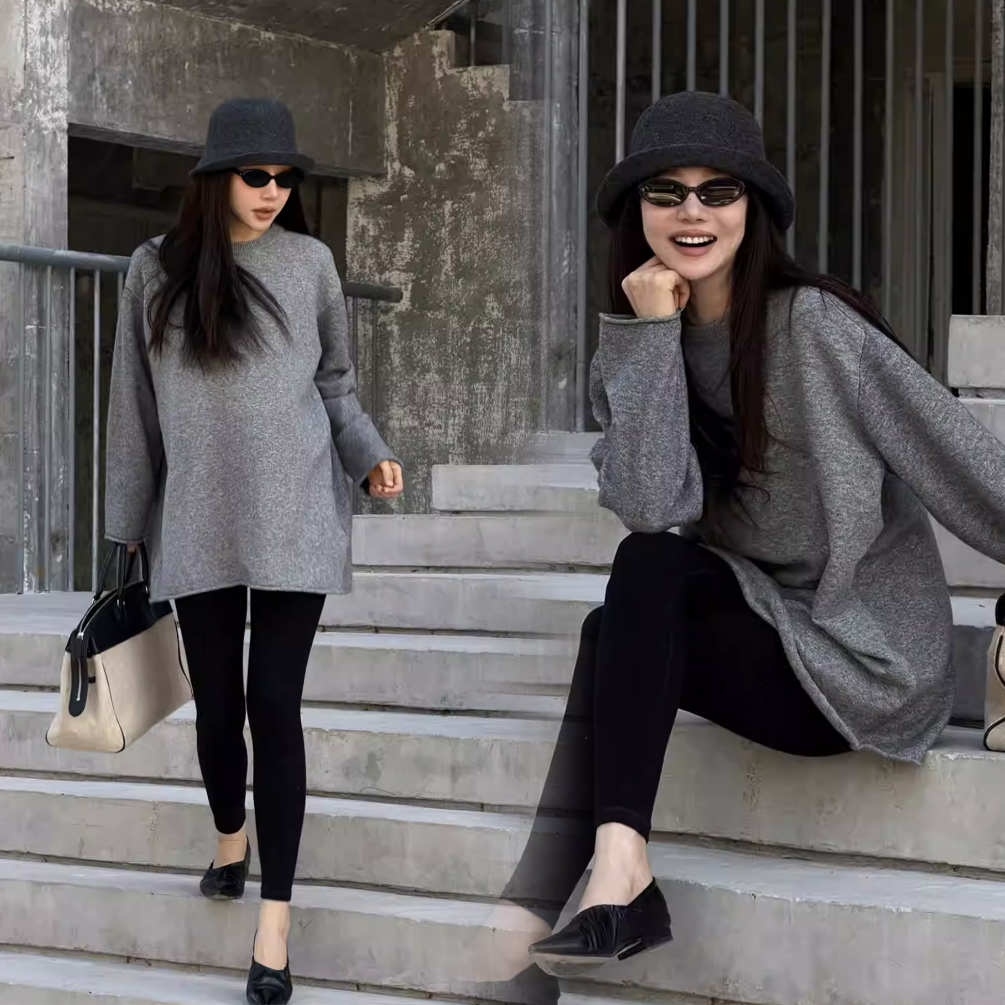 質感灰氣質感長版針織上衣毛衣-S-L (Elegant & Love)