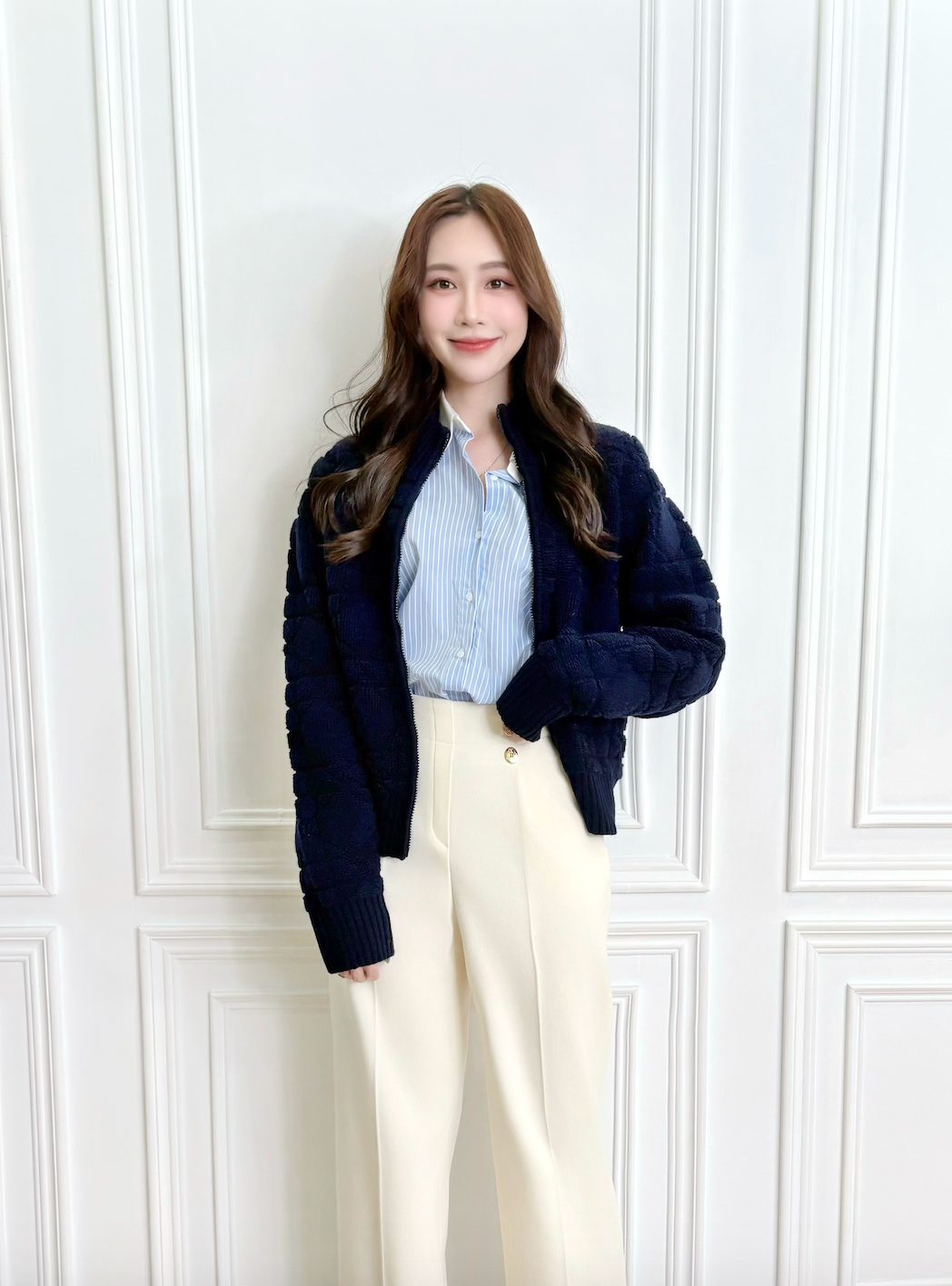 立體菱格紋毛毛針織外套