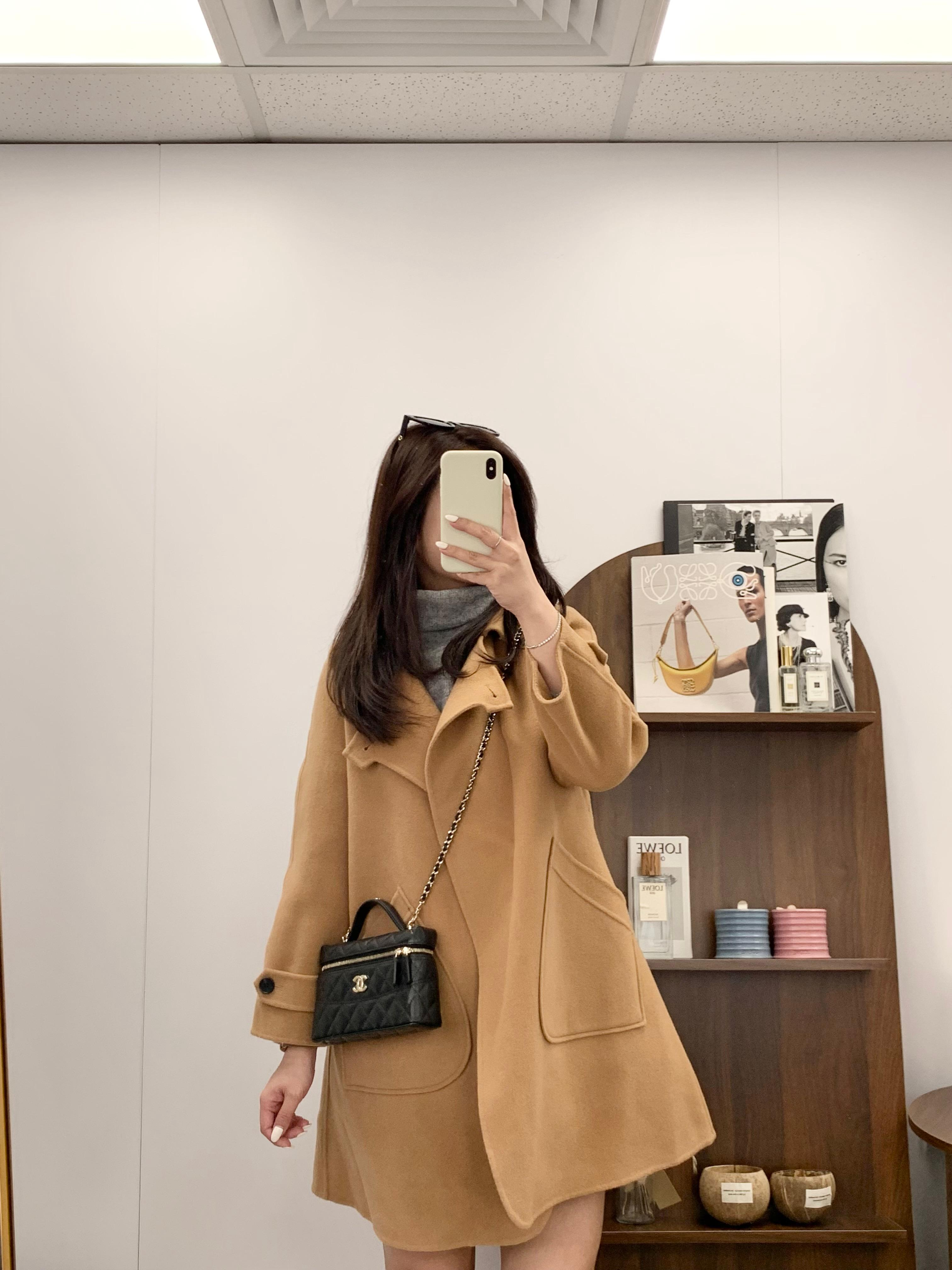 羊毛反領大口袋中長外套