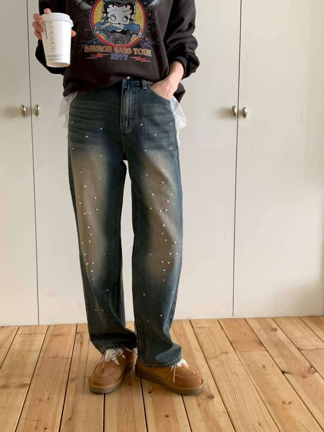 MP5405 珠珠貓鬚高腰洗水牛仔褲 *特價* (優惠碼同充值購物金不適用)