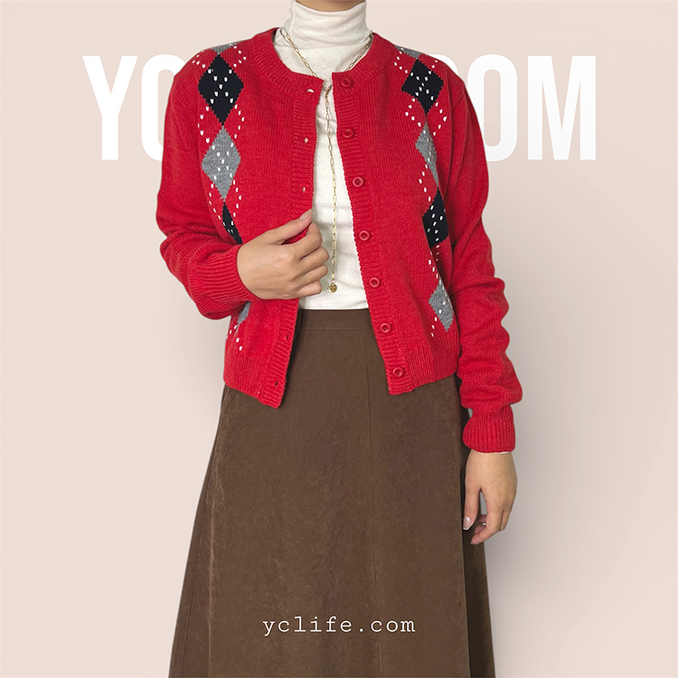 質感菱格針織開襟衫