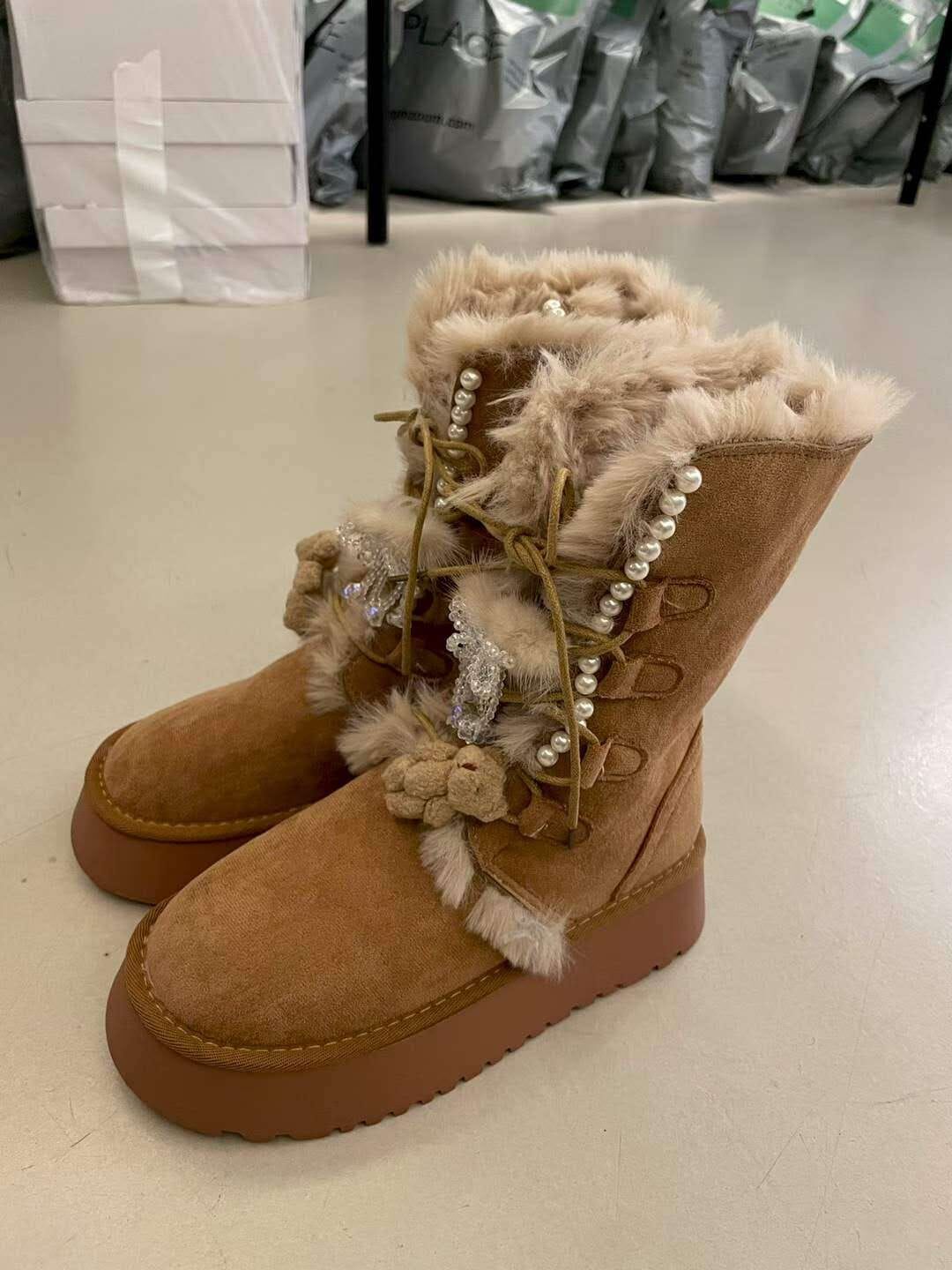 MP5411 珠珠鞋帶毛毛短靴 *特價* (優惠碼同充值購物金不適用)