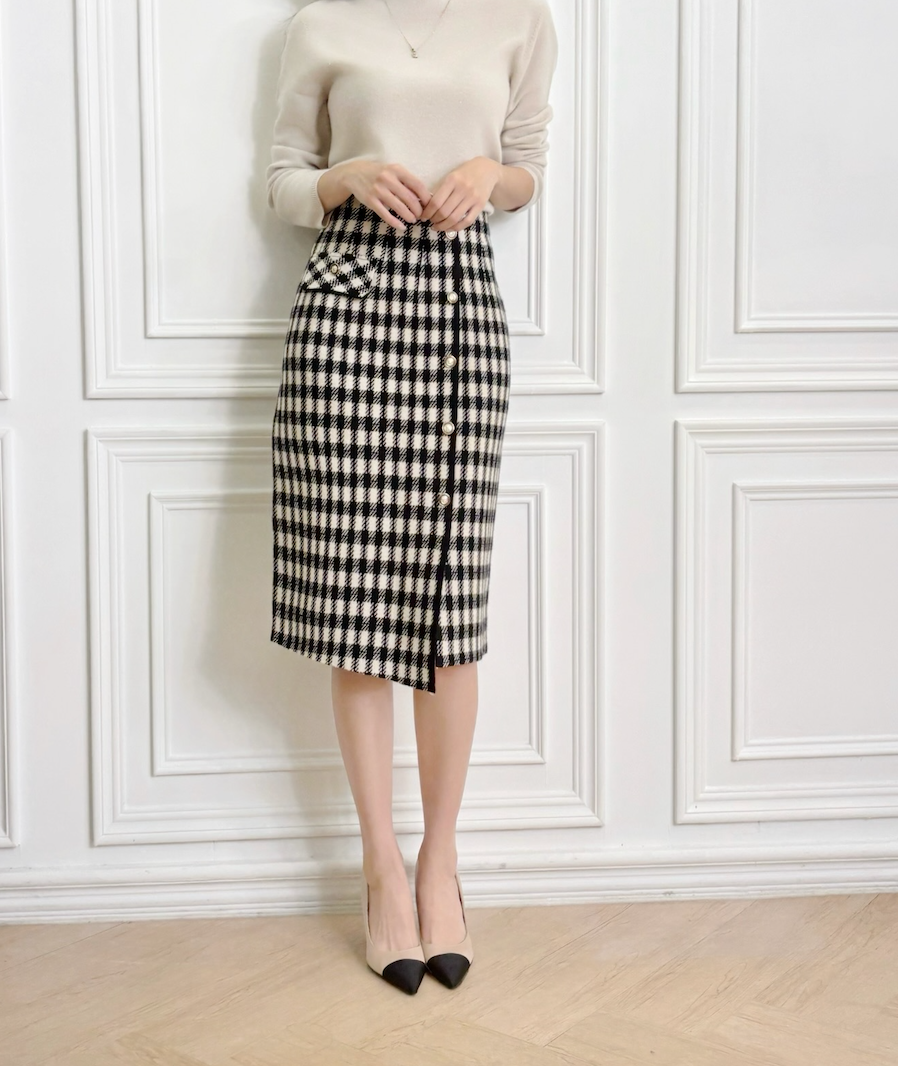 細緻格紋珍珠釦針織窄裙