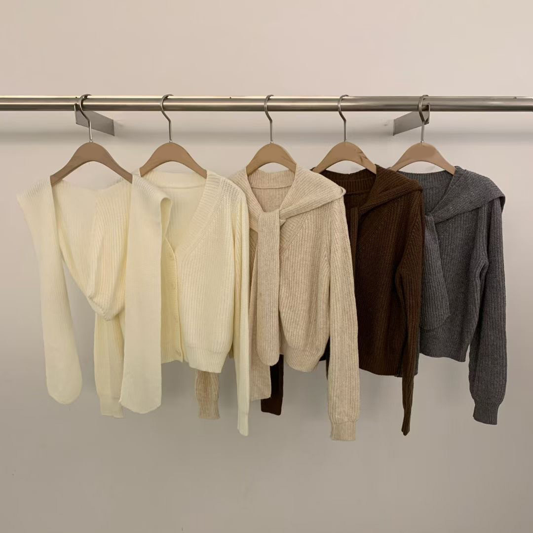 同色系排釦V領針織外套+連帽披肩SET / 3色