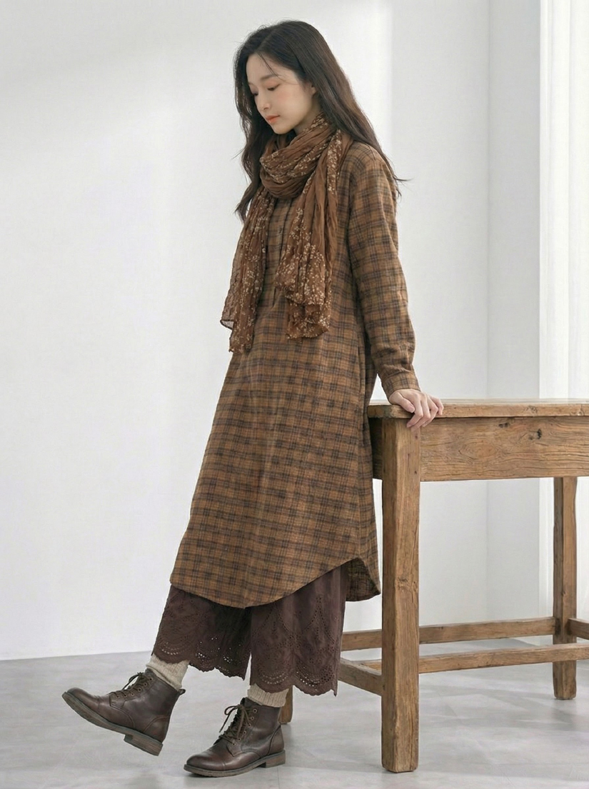 法蘭絨格紋半開襟洋裝繡花純棉寬褲組合