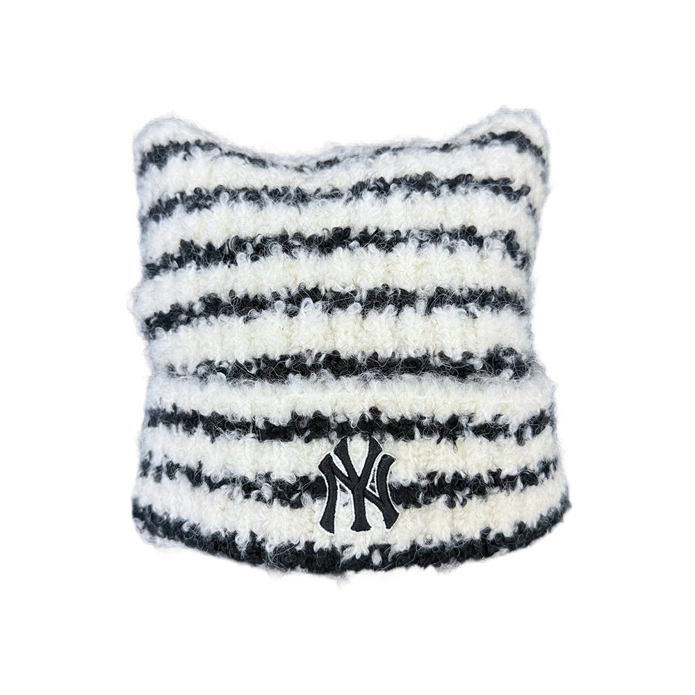 MLB 貓耳針織毛帽 米黑條紋 Karina同款 3ABNB1656GP008