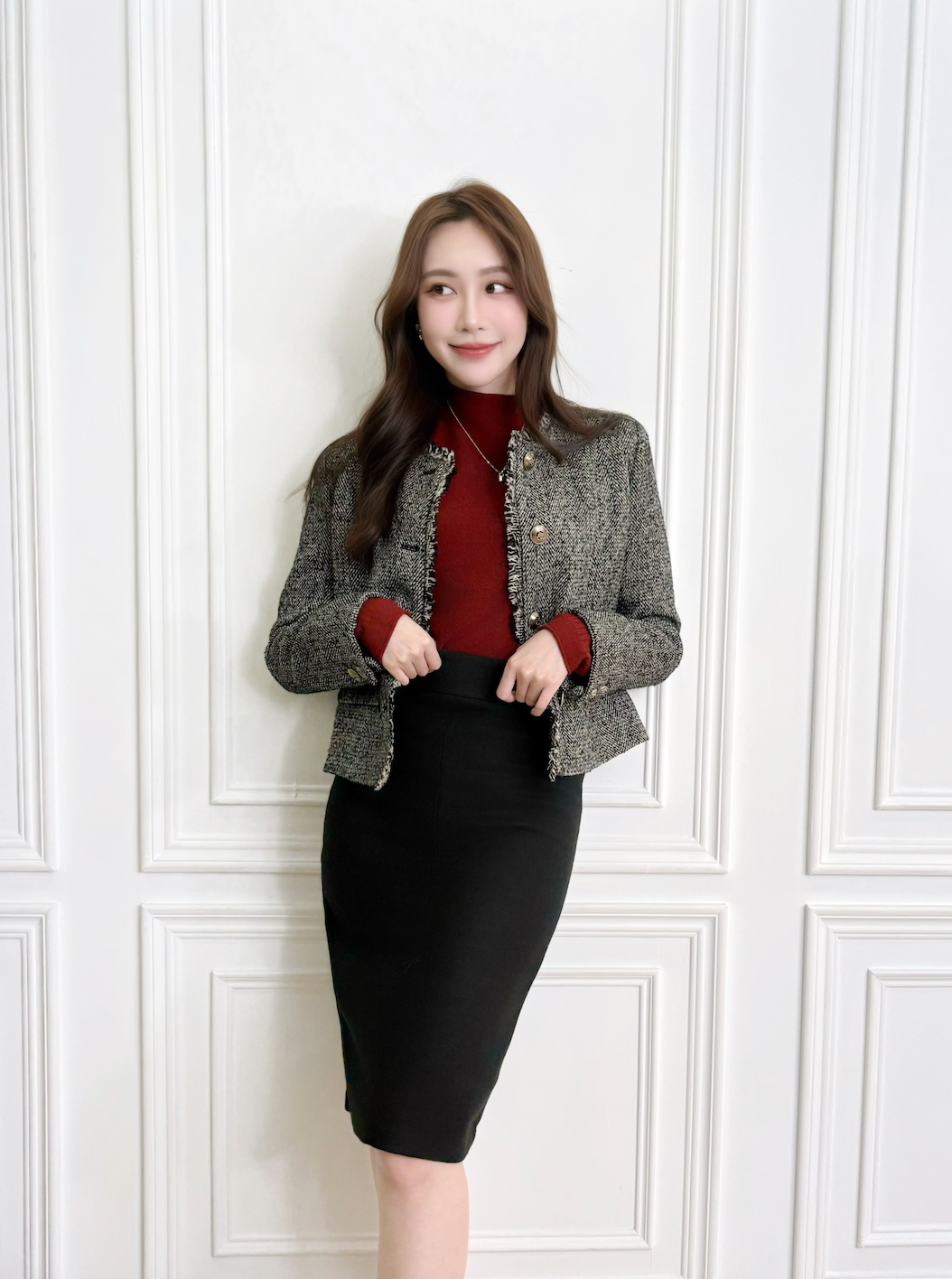 (氣勢輕奢)小香風人字紋抽鬚廂型外套