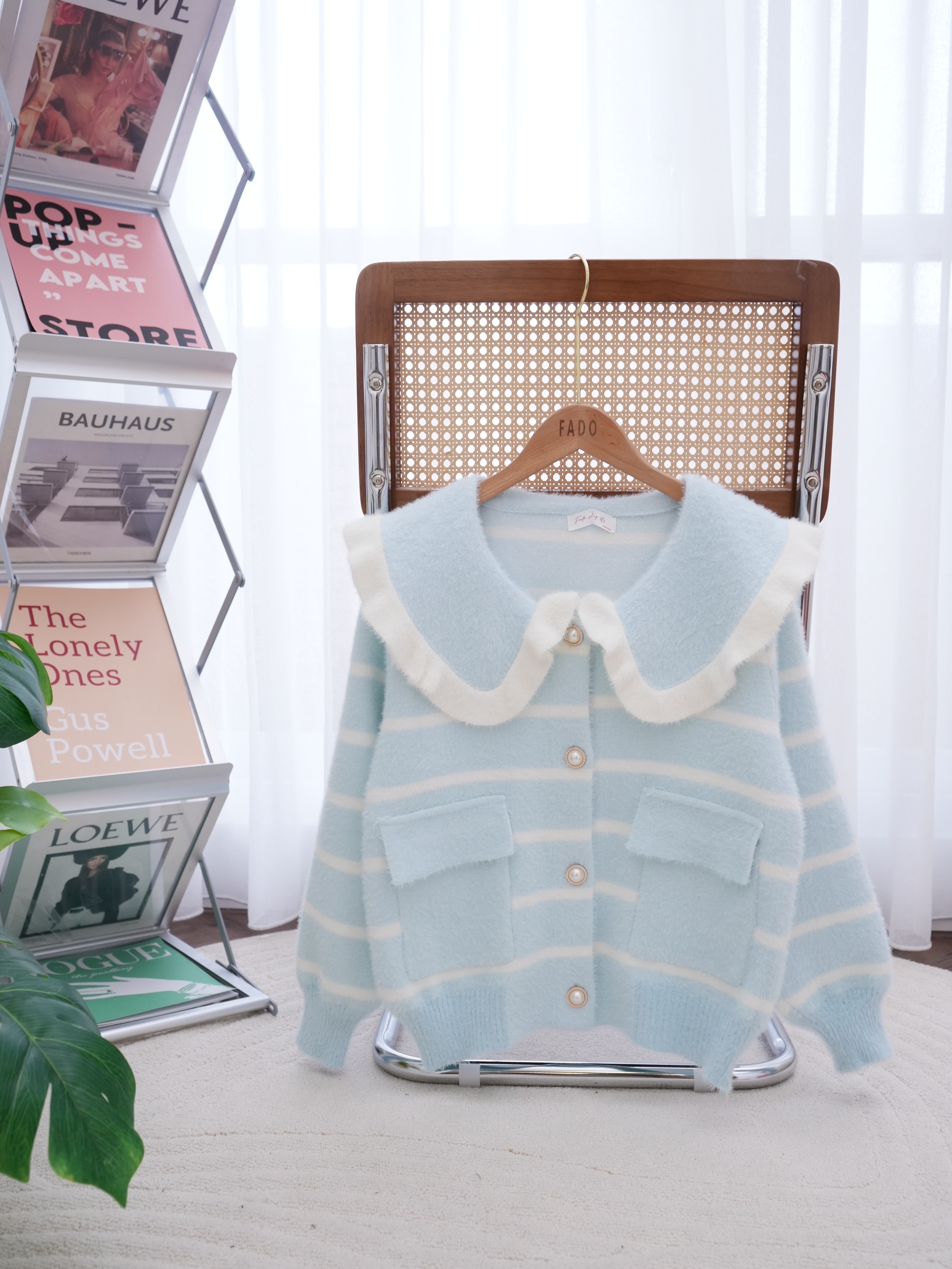 法朵Fado shop｜娃娃領條紋水貂毛外套 8924029  三色