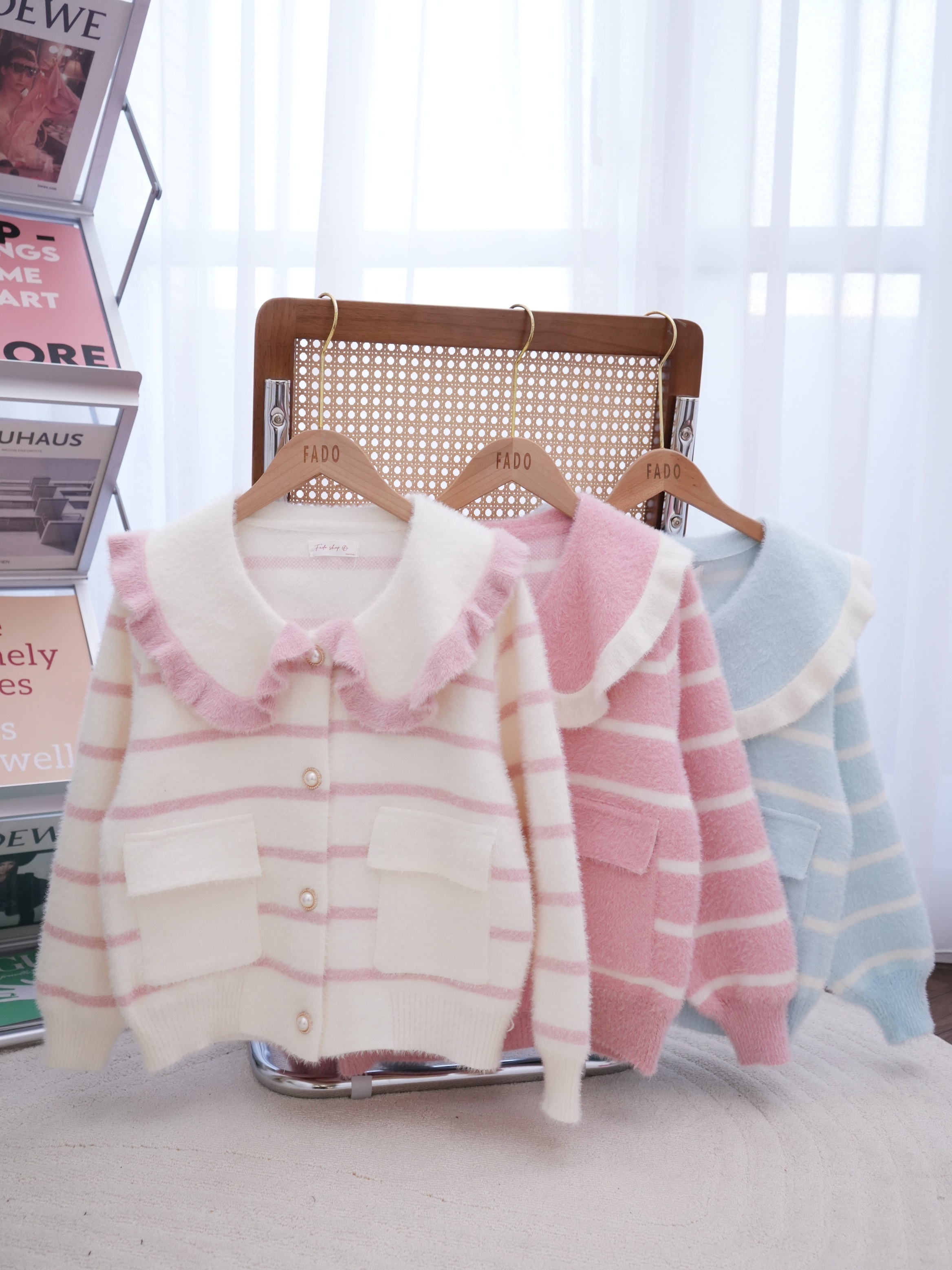 法朵Fado shop｜娃娃領條紋水貂毛外套 8924029  三色