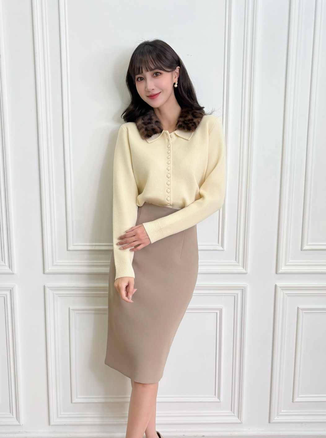 豹紋毛毛領針織開襟上衣(可拆式)