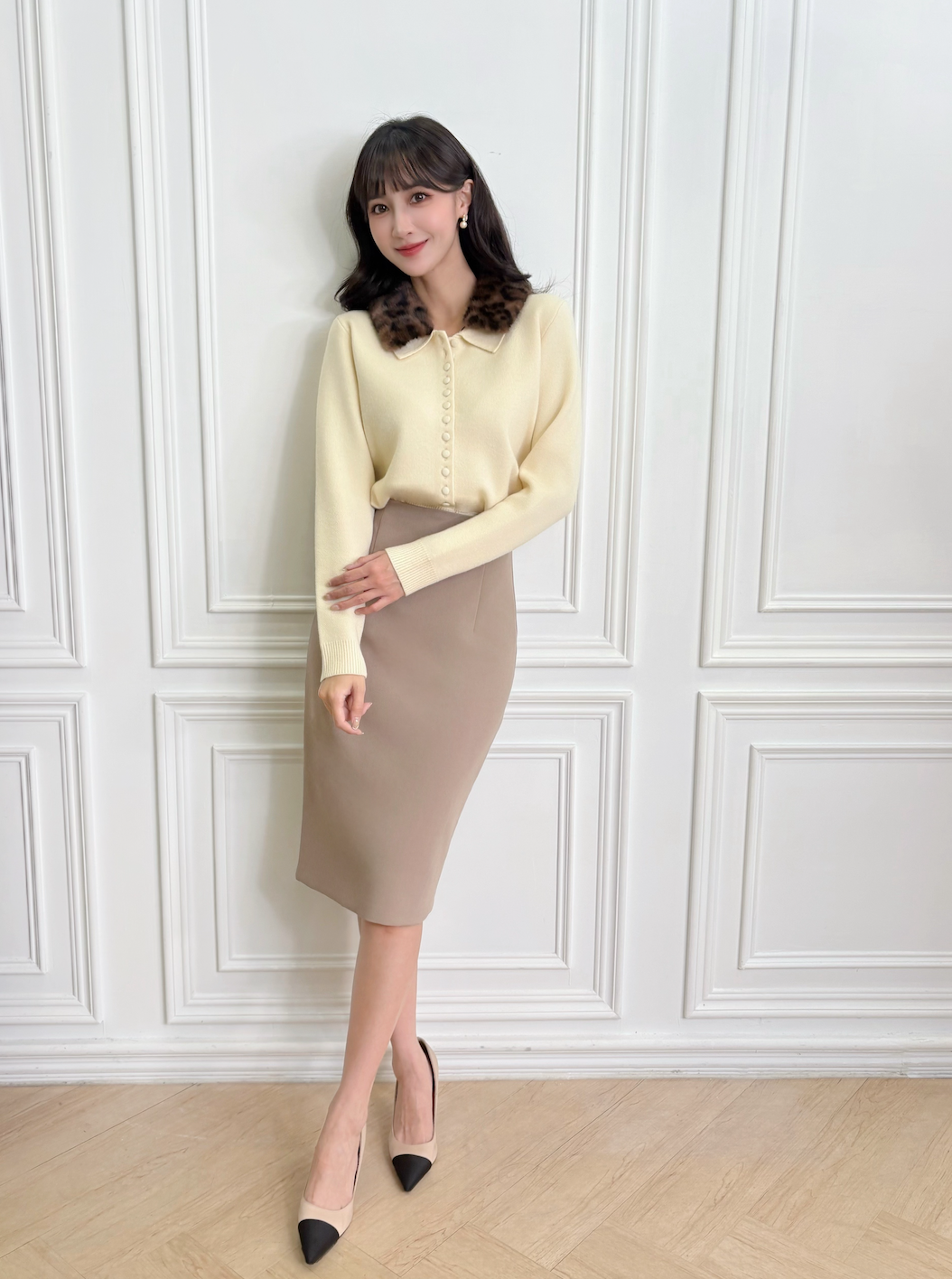 豹紋毛毛領針織開襟上衣(可拆式)