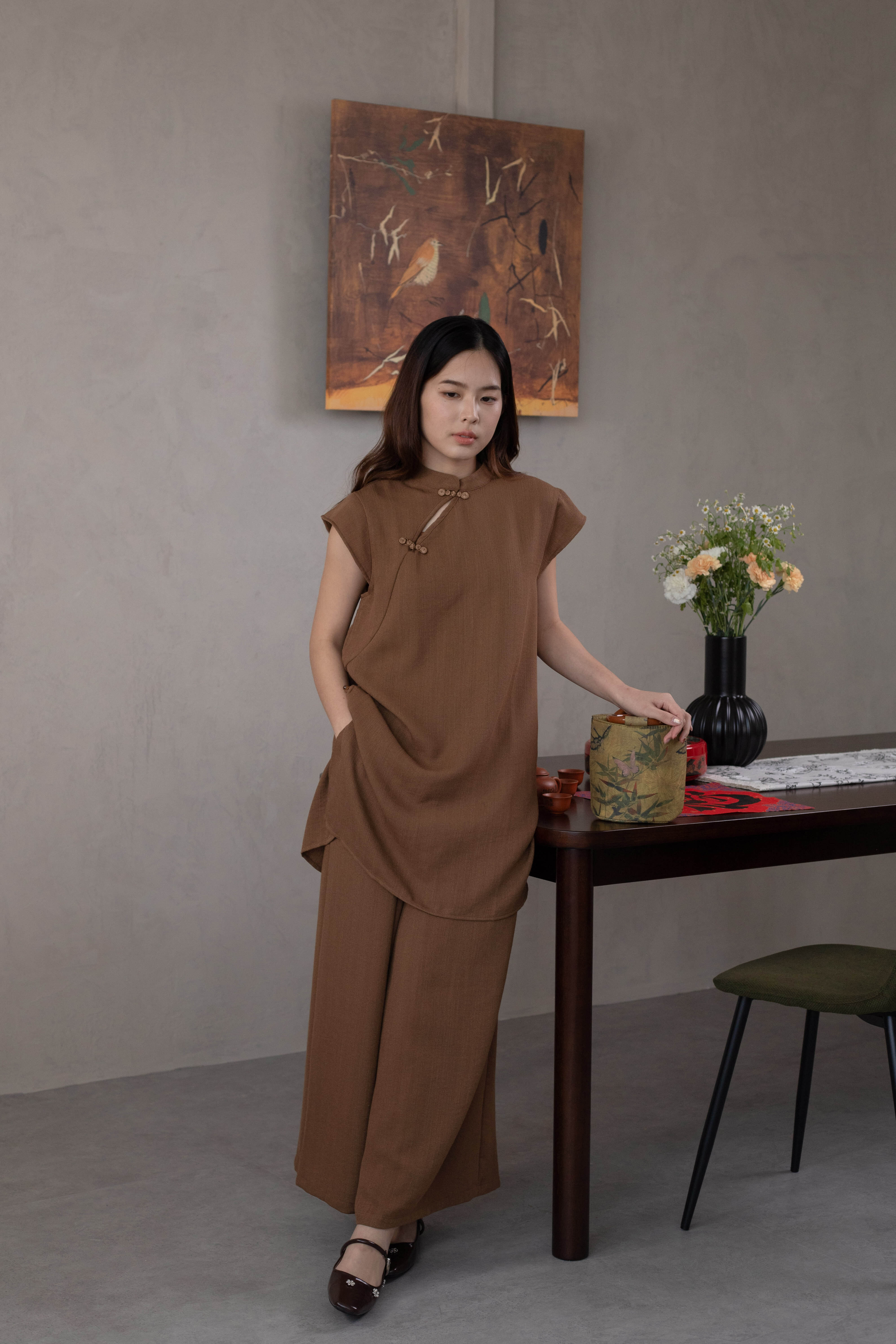 Chu En 2pcs Cheongsam Top Dress Brown -2630DLBRO