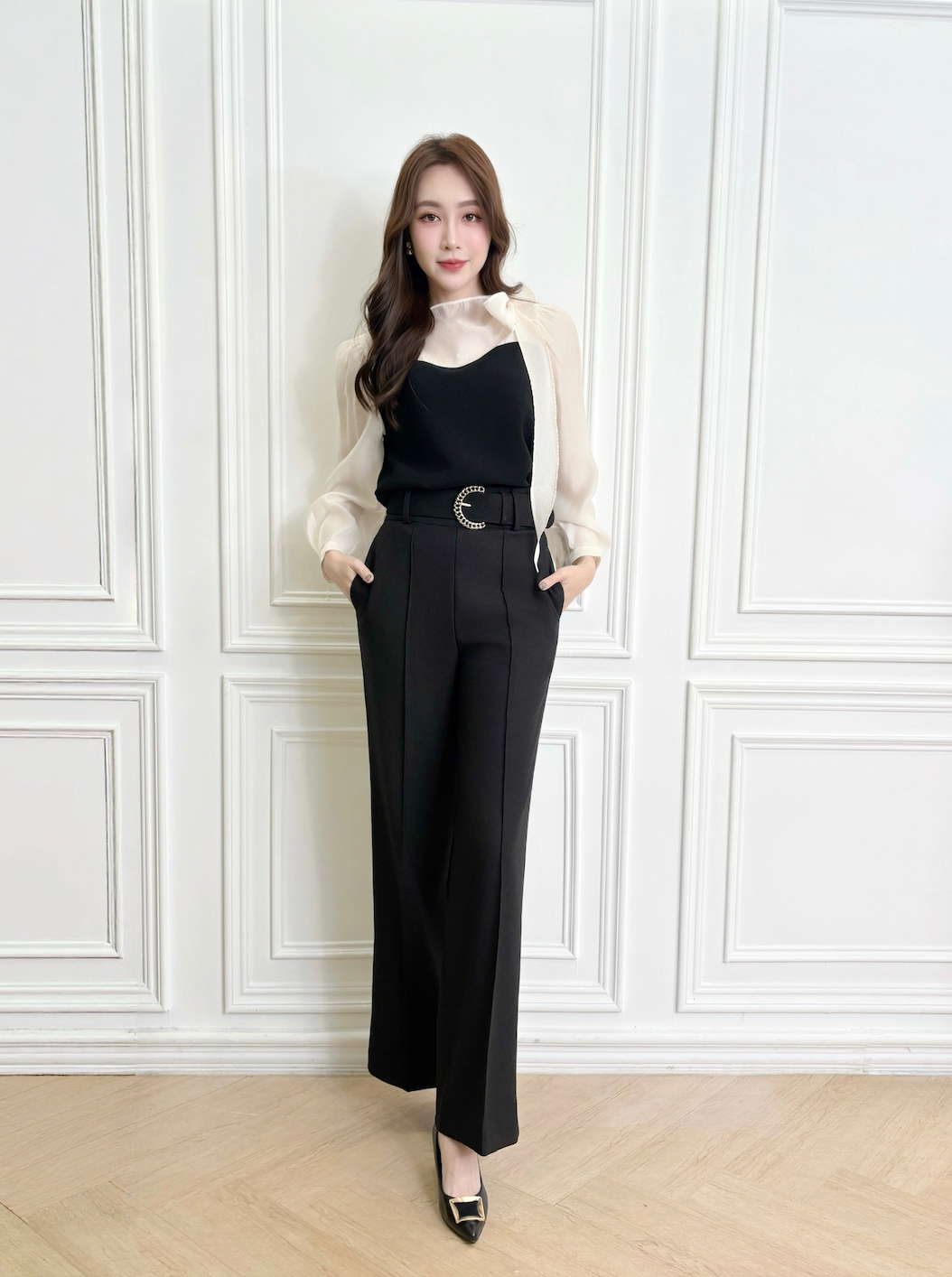 金屬編織圓環寬腰帶直筒褲