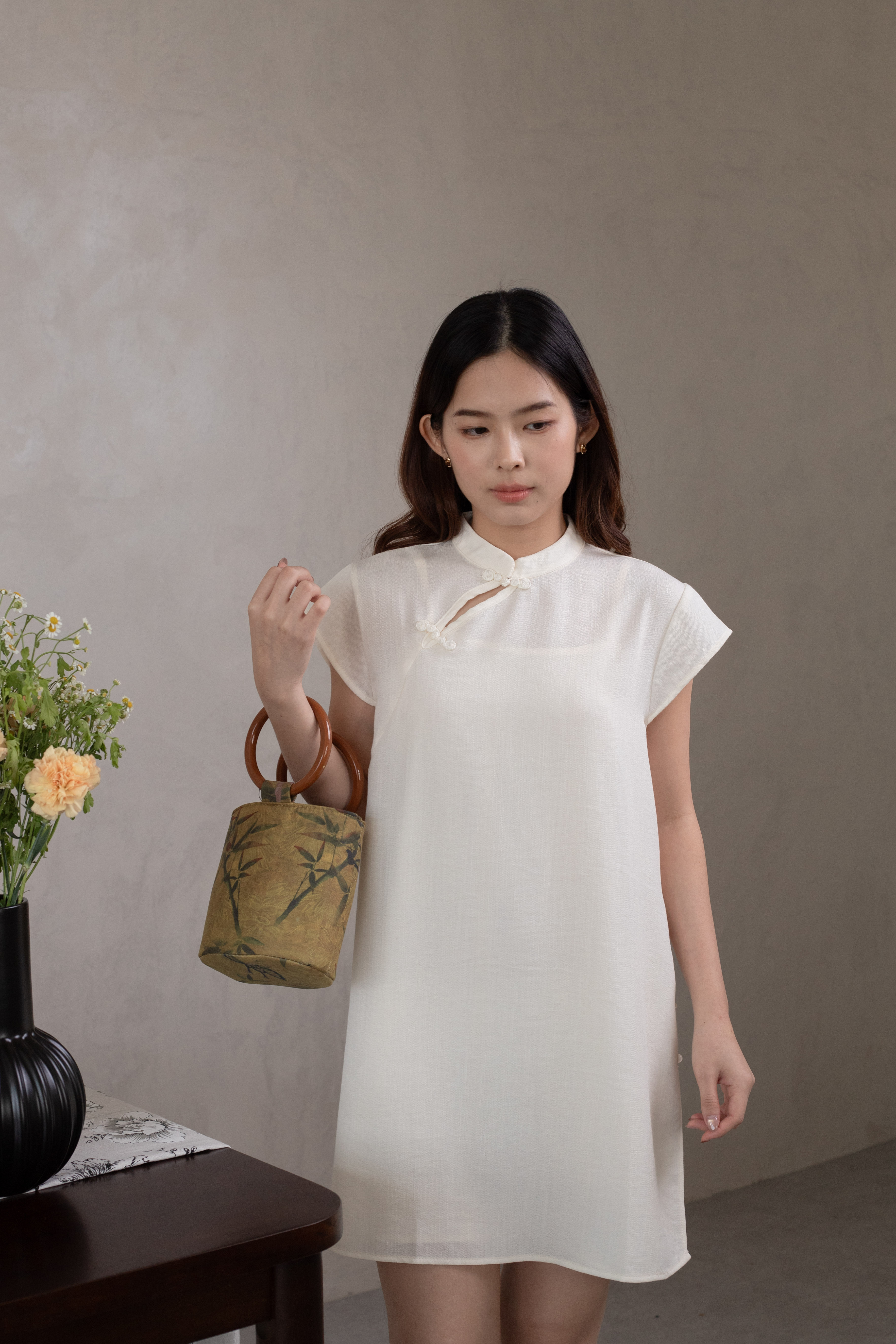 Chu En 2pcs Cheongsam Top Dress Beige -2630DLBEI