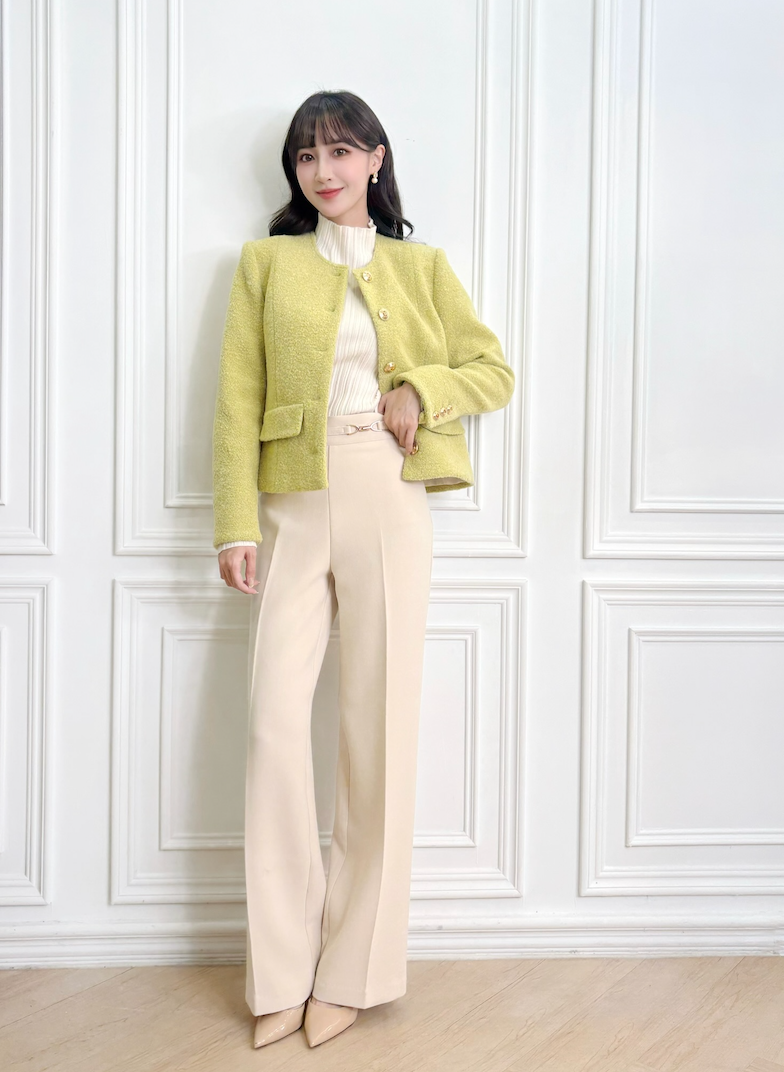 (氣勢輕奢!)青綠金釦毛呢廂型外套